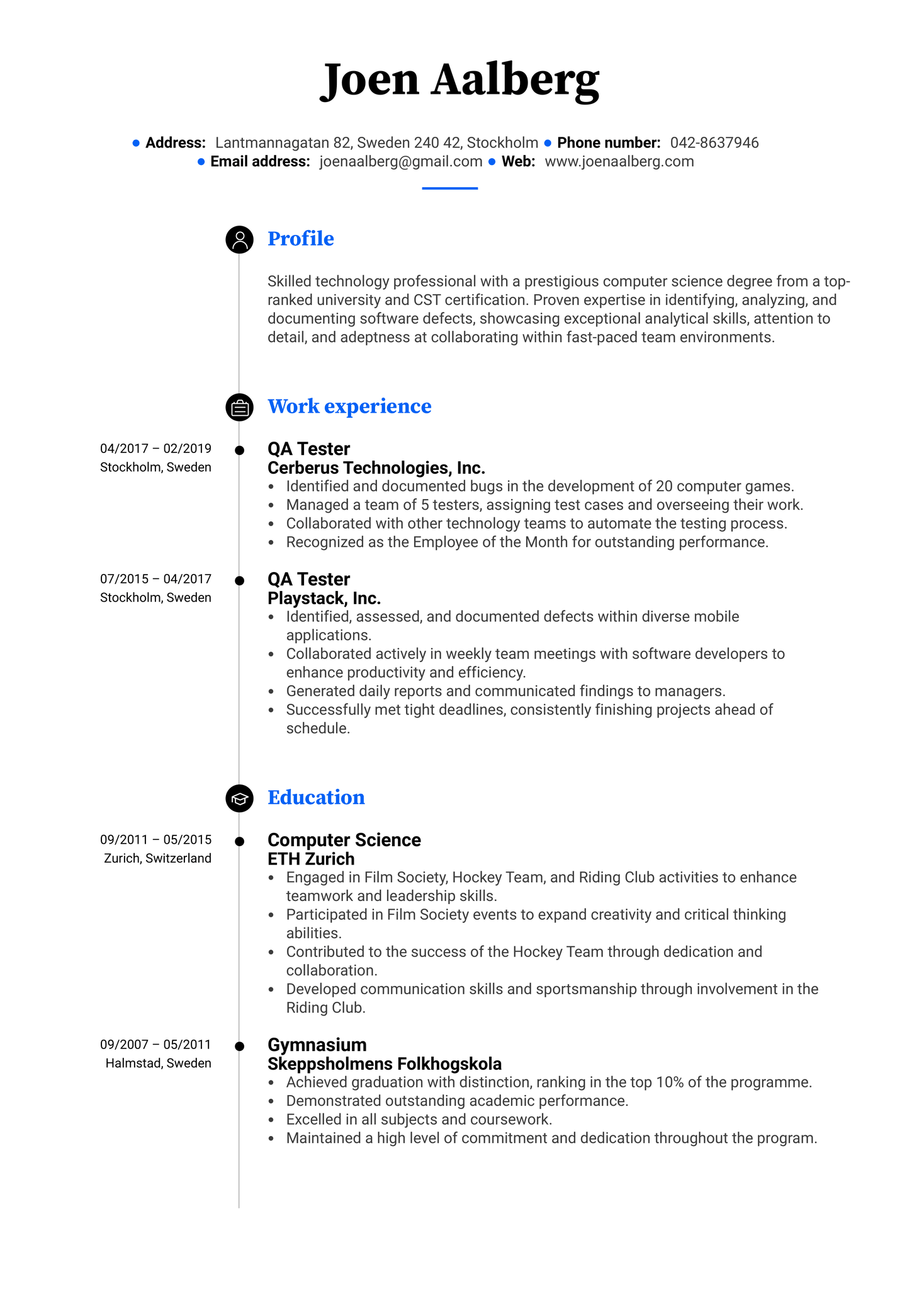 QA Tester Resume Example