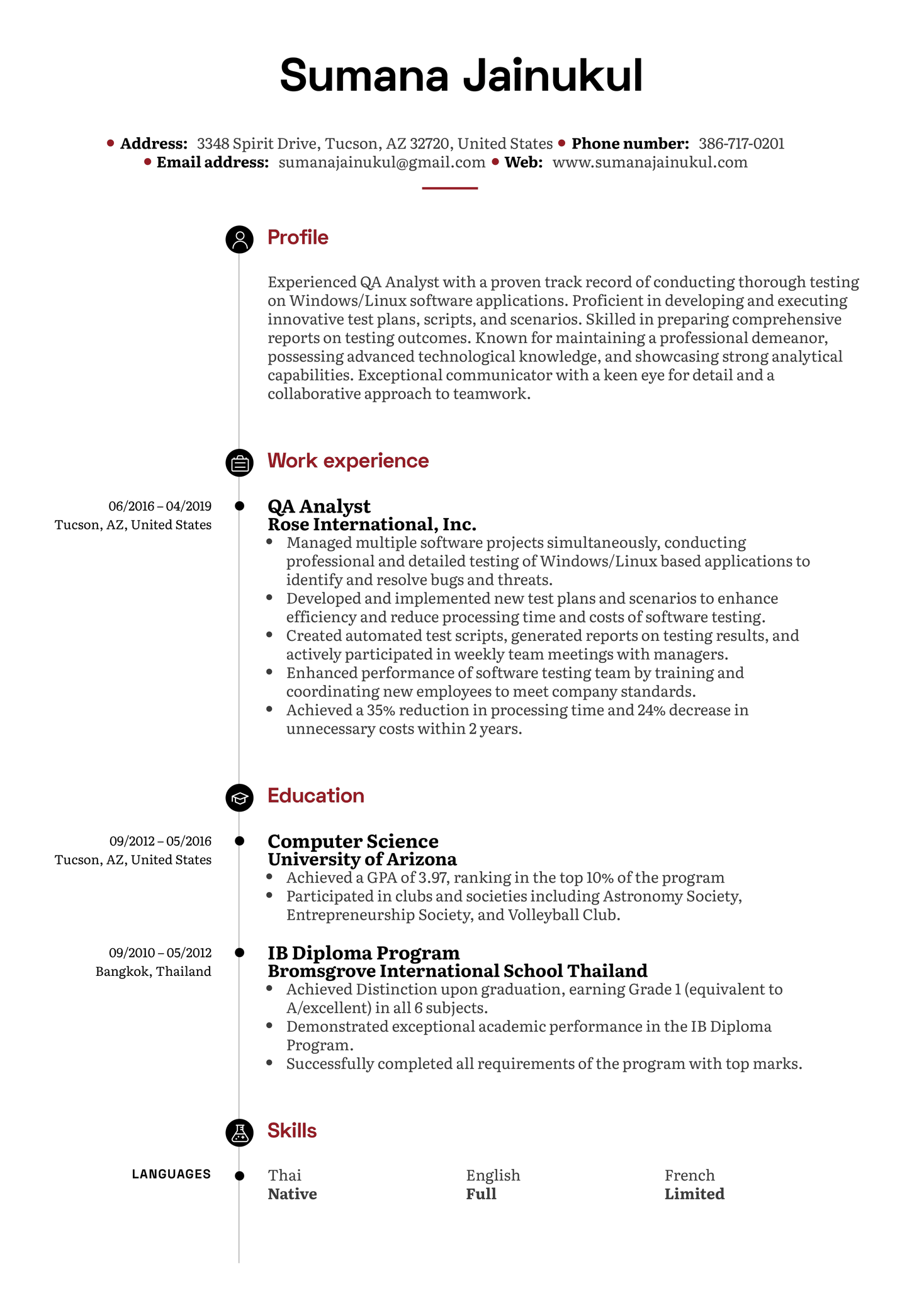 QA Analyst Resume Example