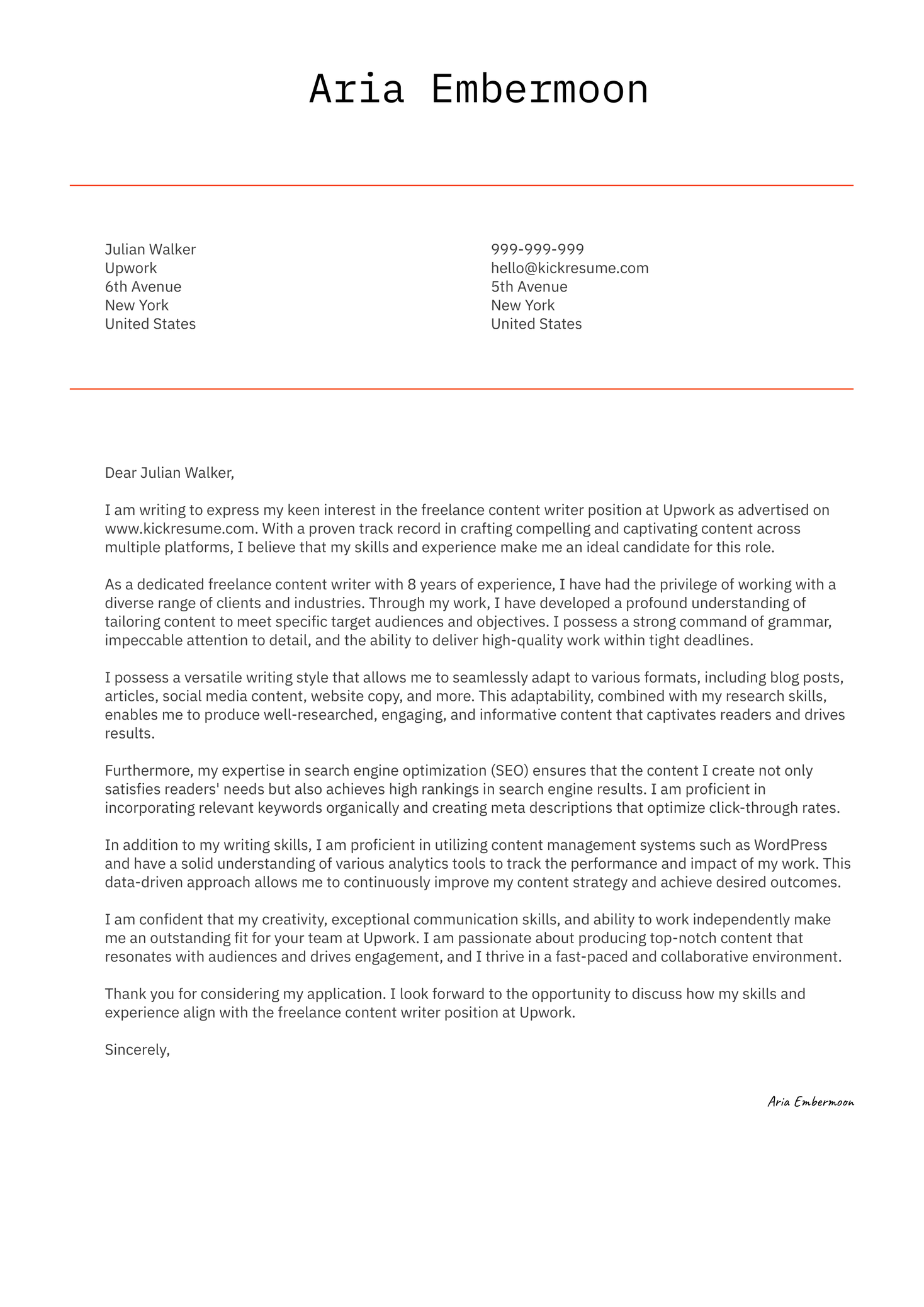 Freelance Content Writer Cover Letter Sample