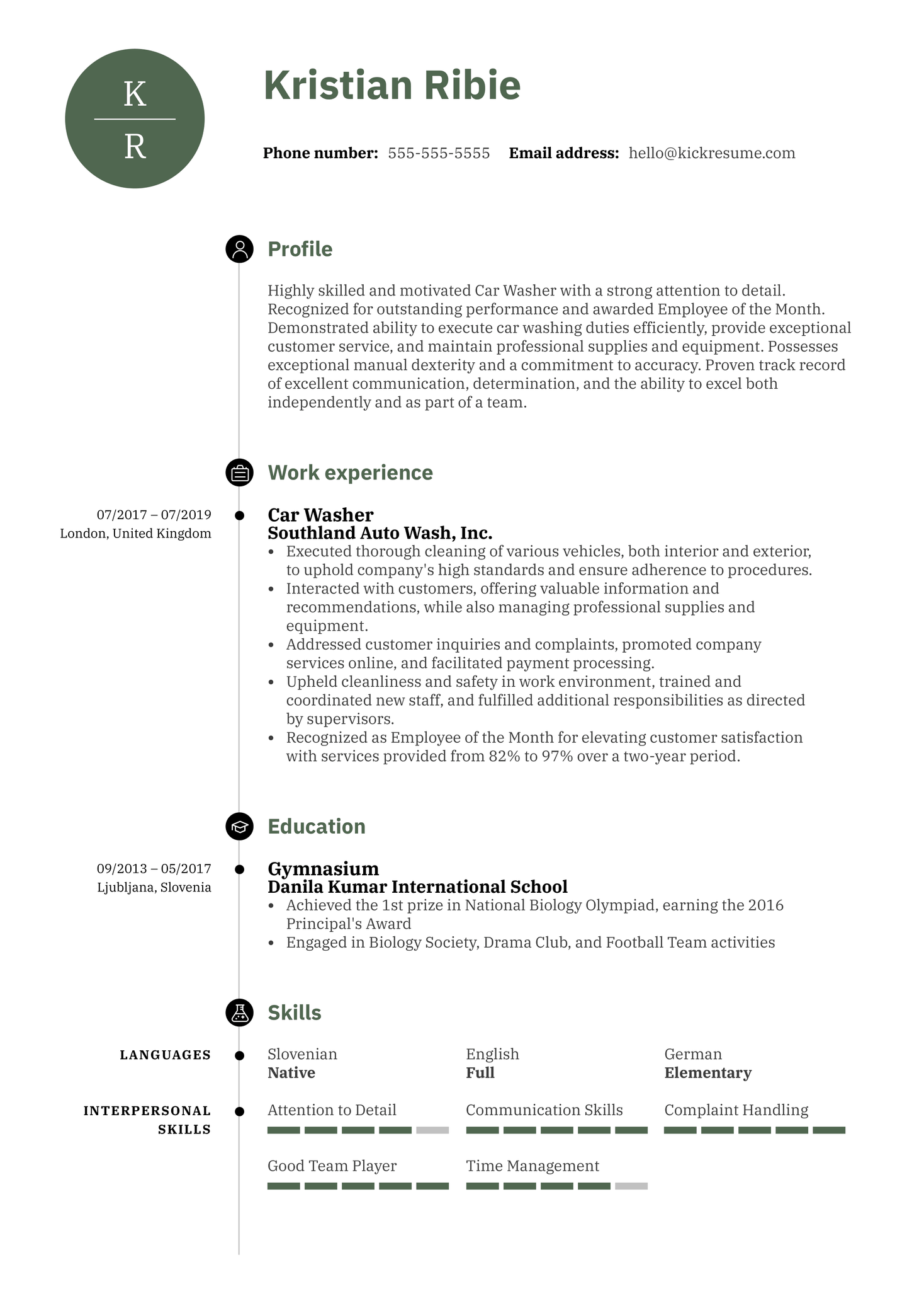 Car Washer Resume Sample