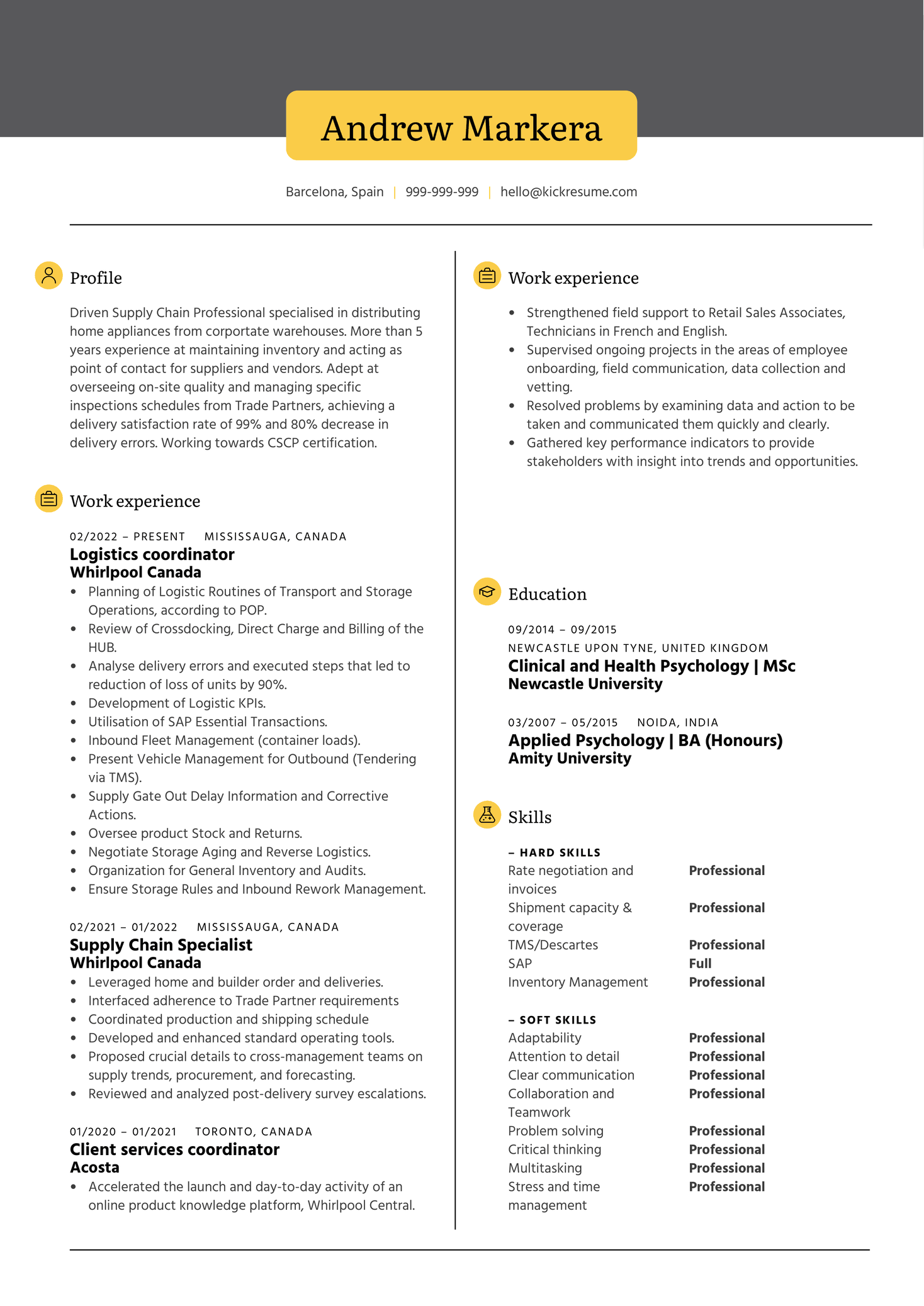 Supply Chain Delivery Management professional Resume Sample