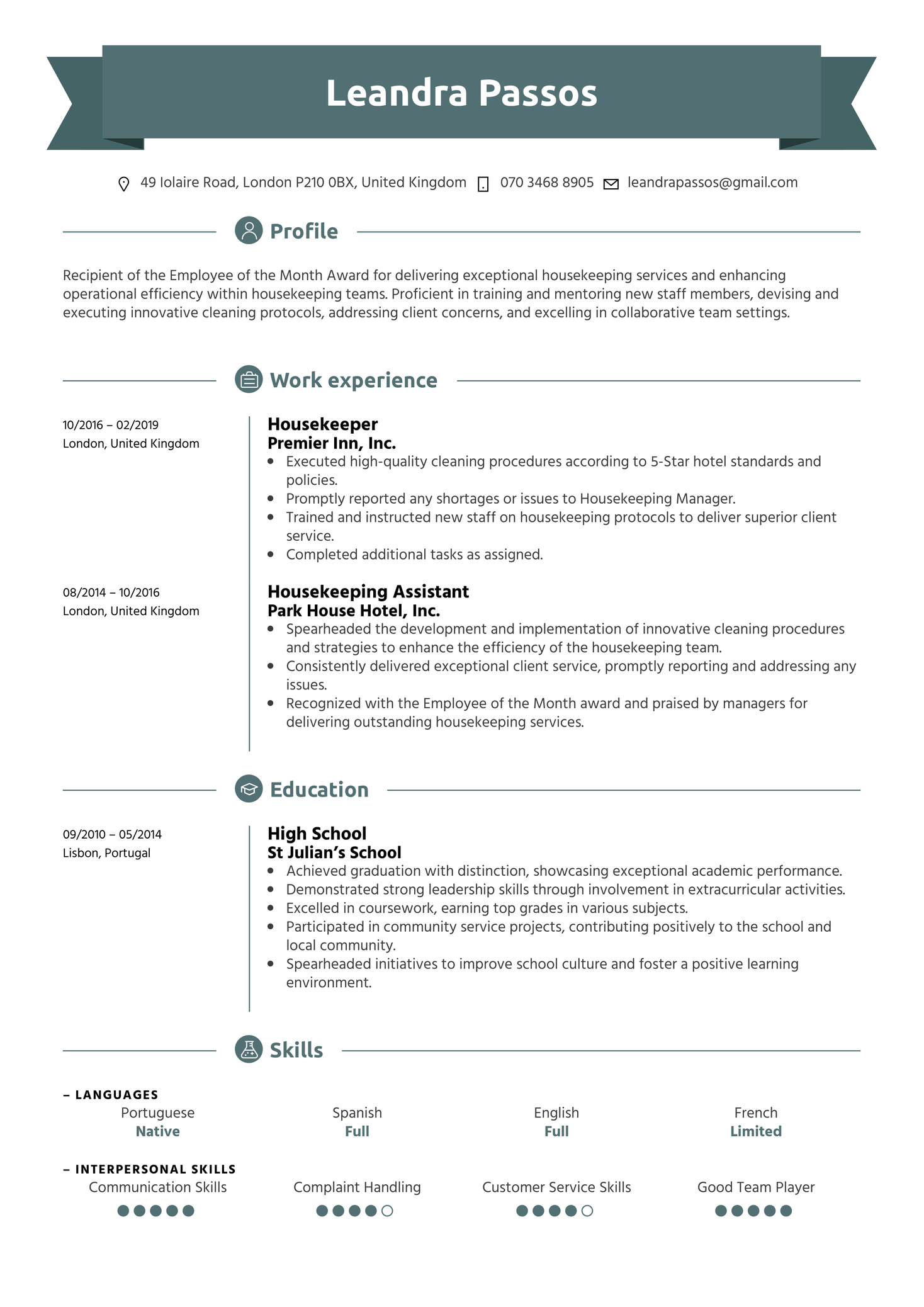 Housekeeper Resume Example