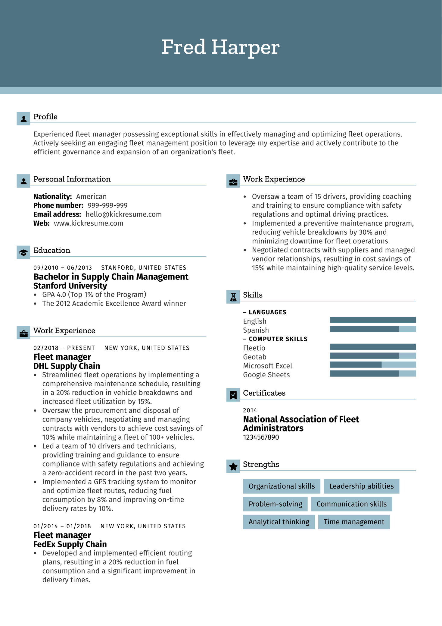 Fleet Manager Resume Sample