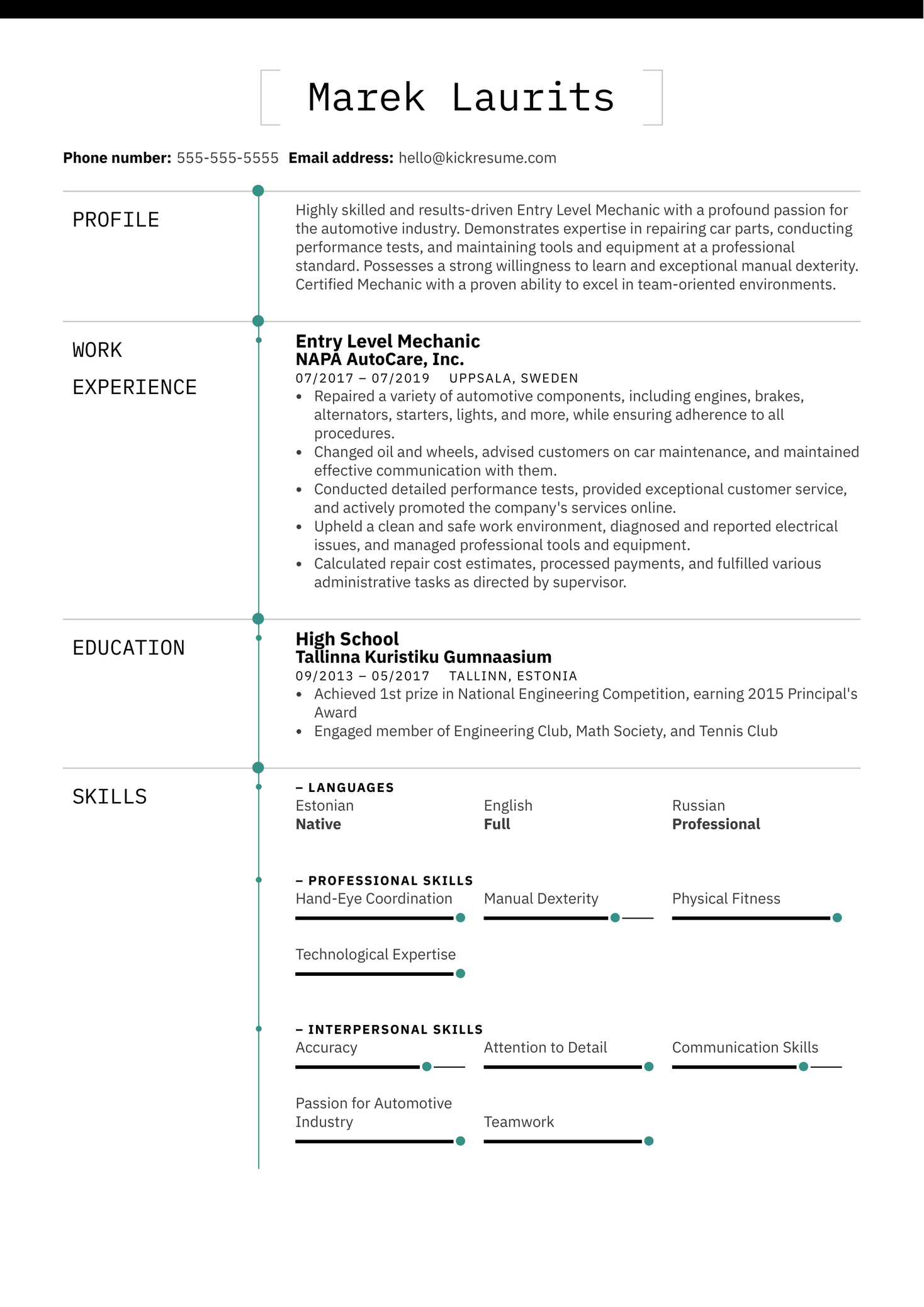 Vehicle Mechanic Resume Example