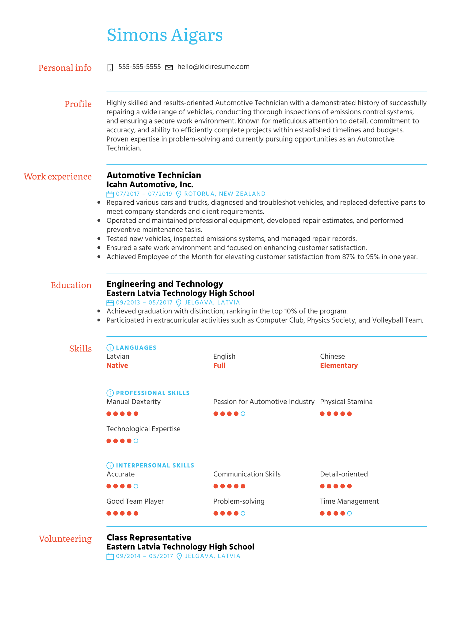 Automotive Technician Resume Sample