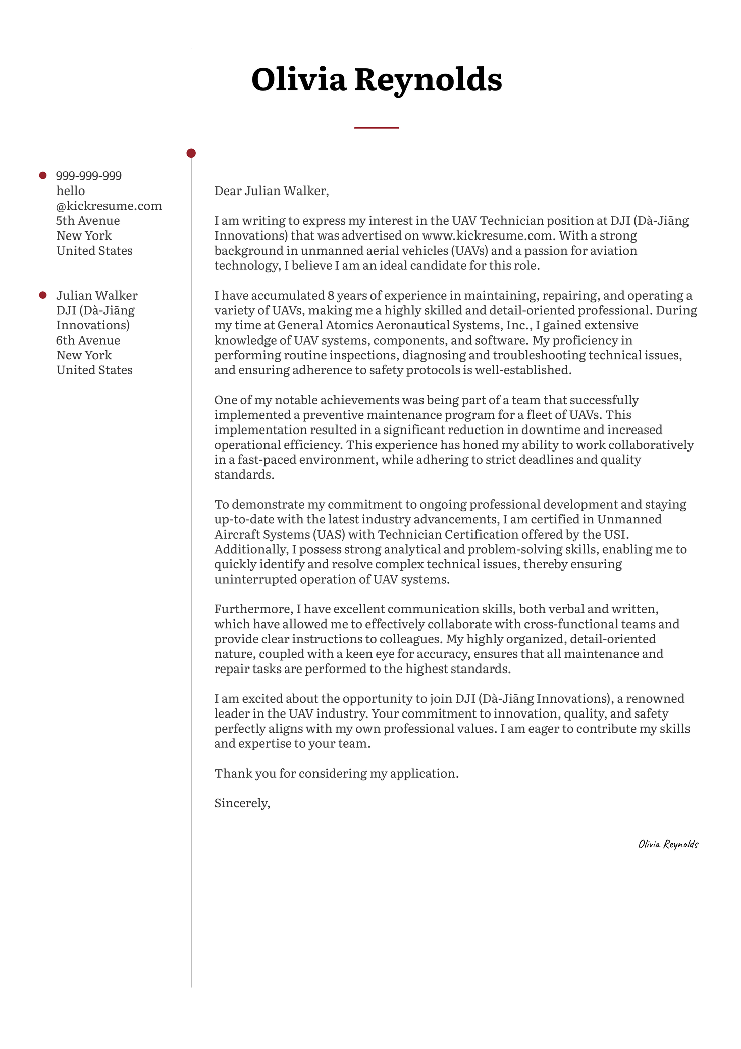 UAV Technician Cover Letter Sample