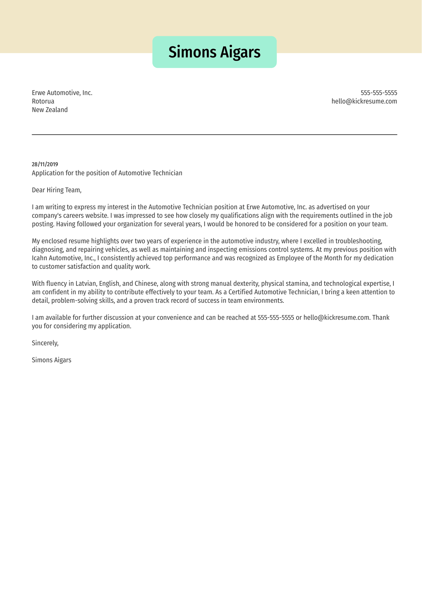 Automotive Technician Cover Letter Sample