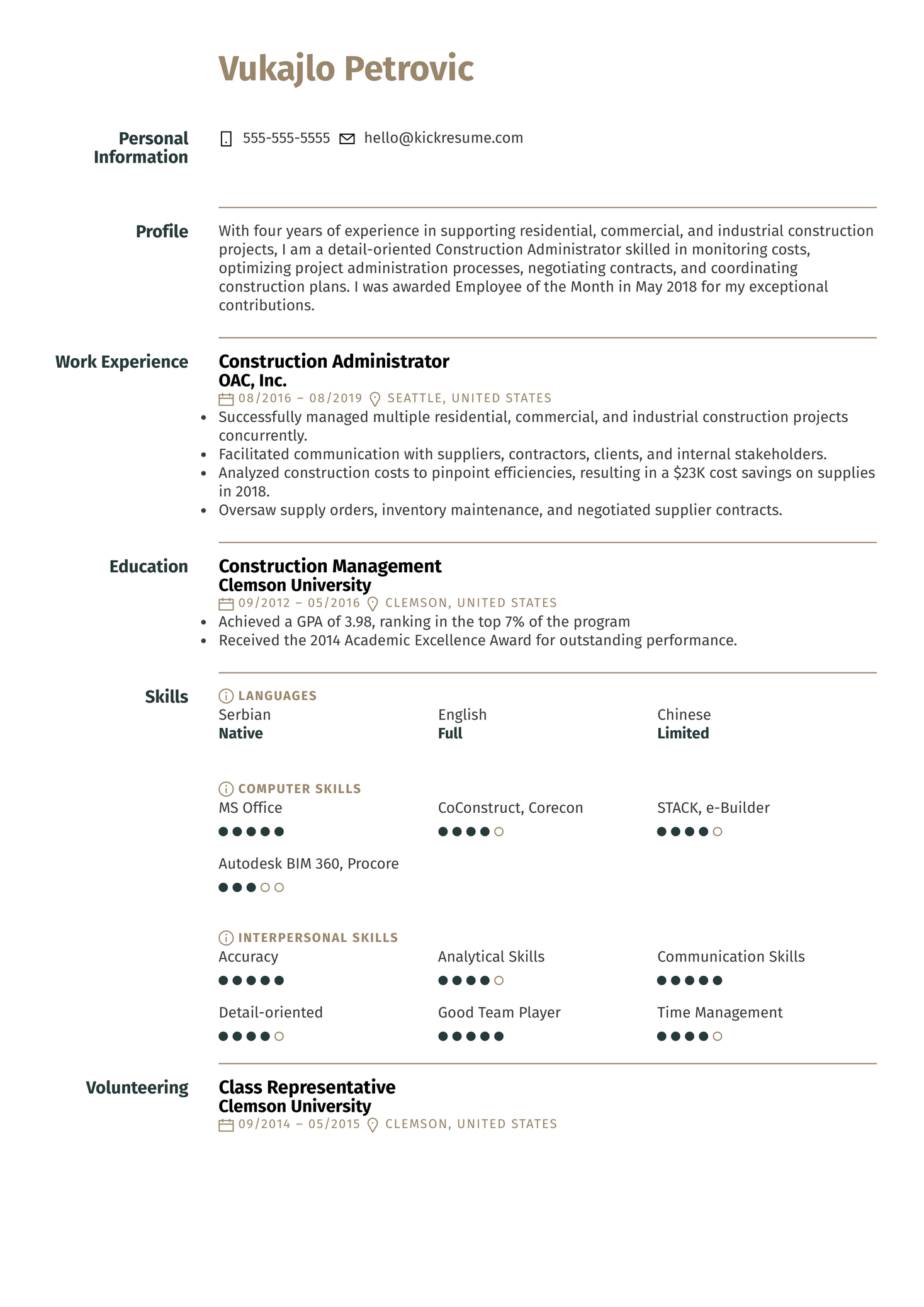 Construction Project Manager Resume Sample