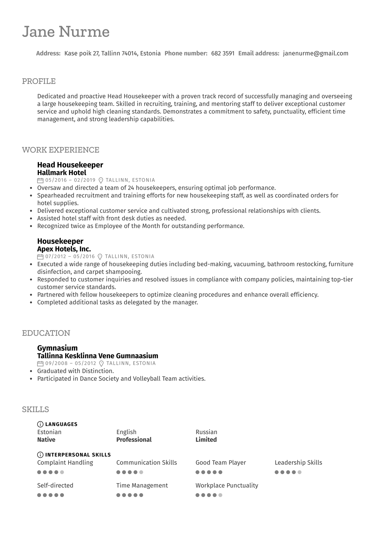 Head Housekeeper Resume Sample