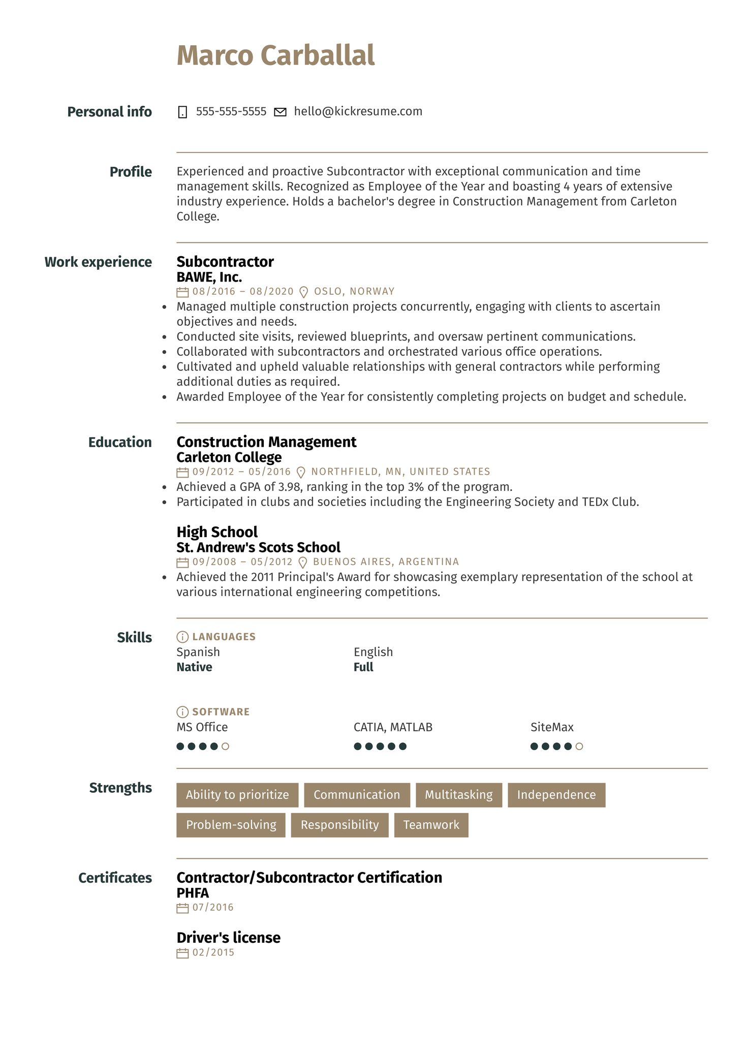 Subcontractor Resume Example