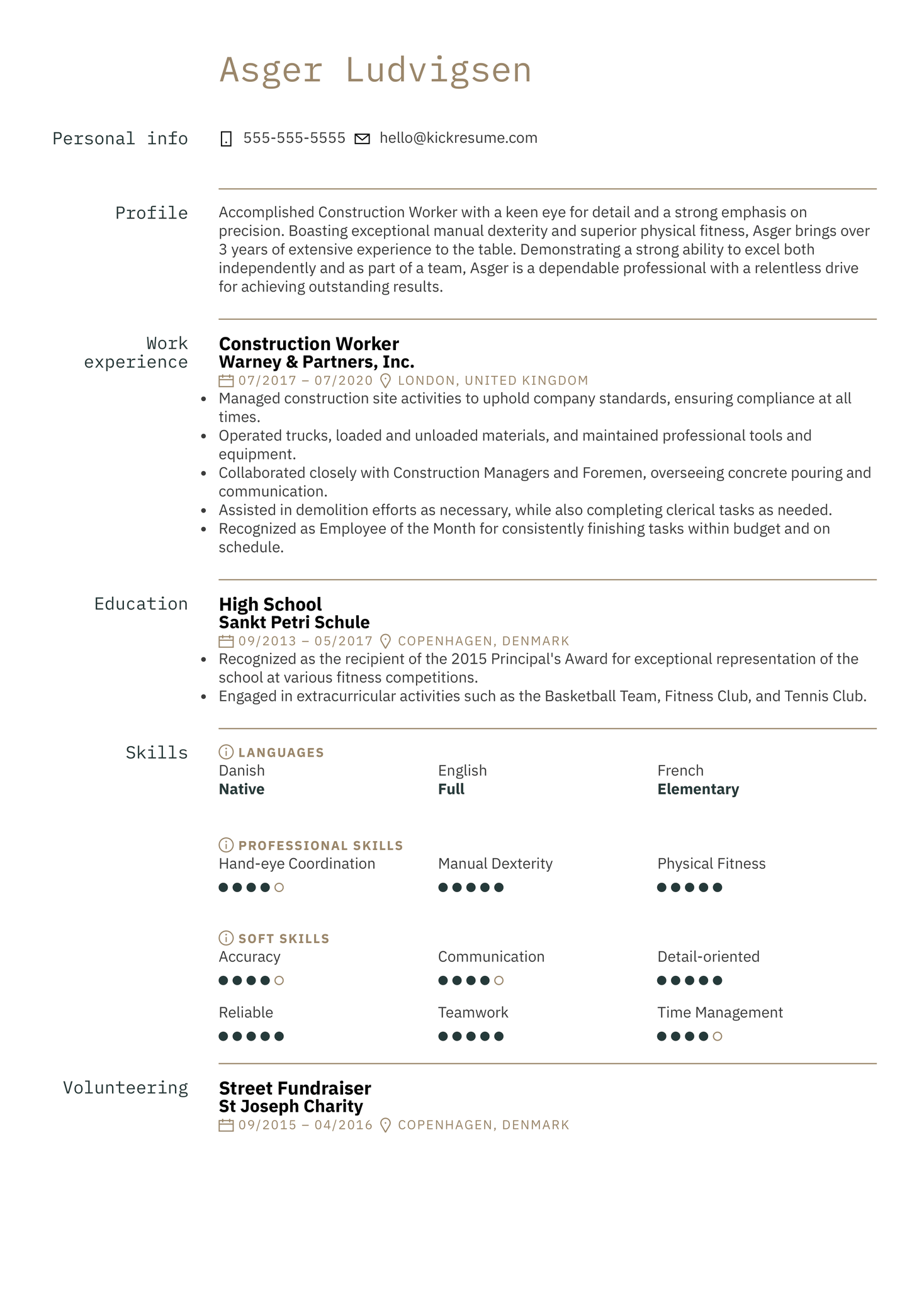 Free Construction Resume Example