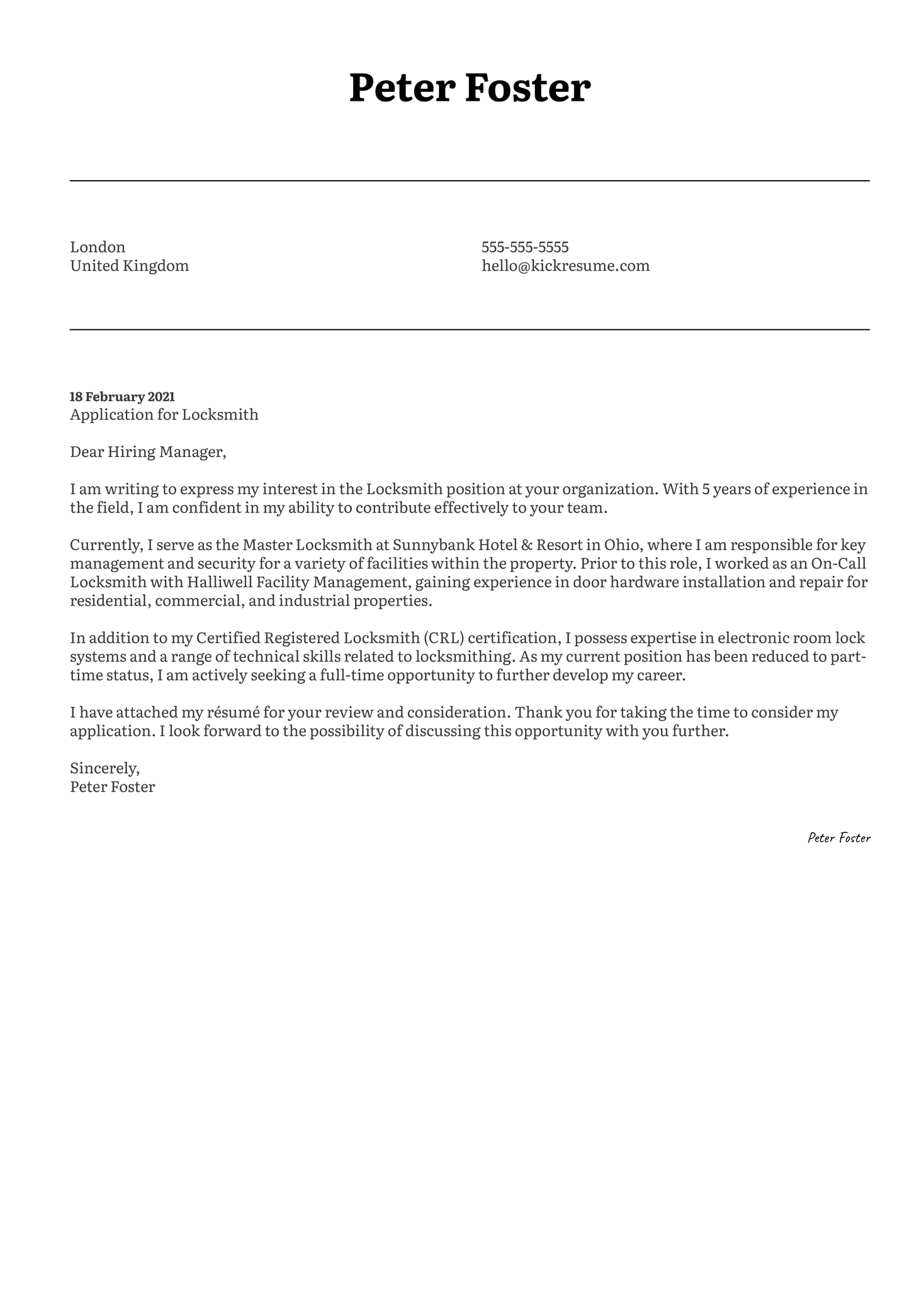 Locksmith Cover Letter Template