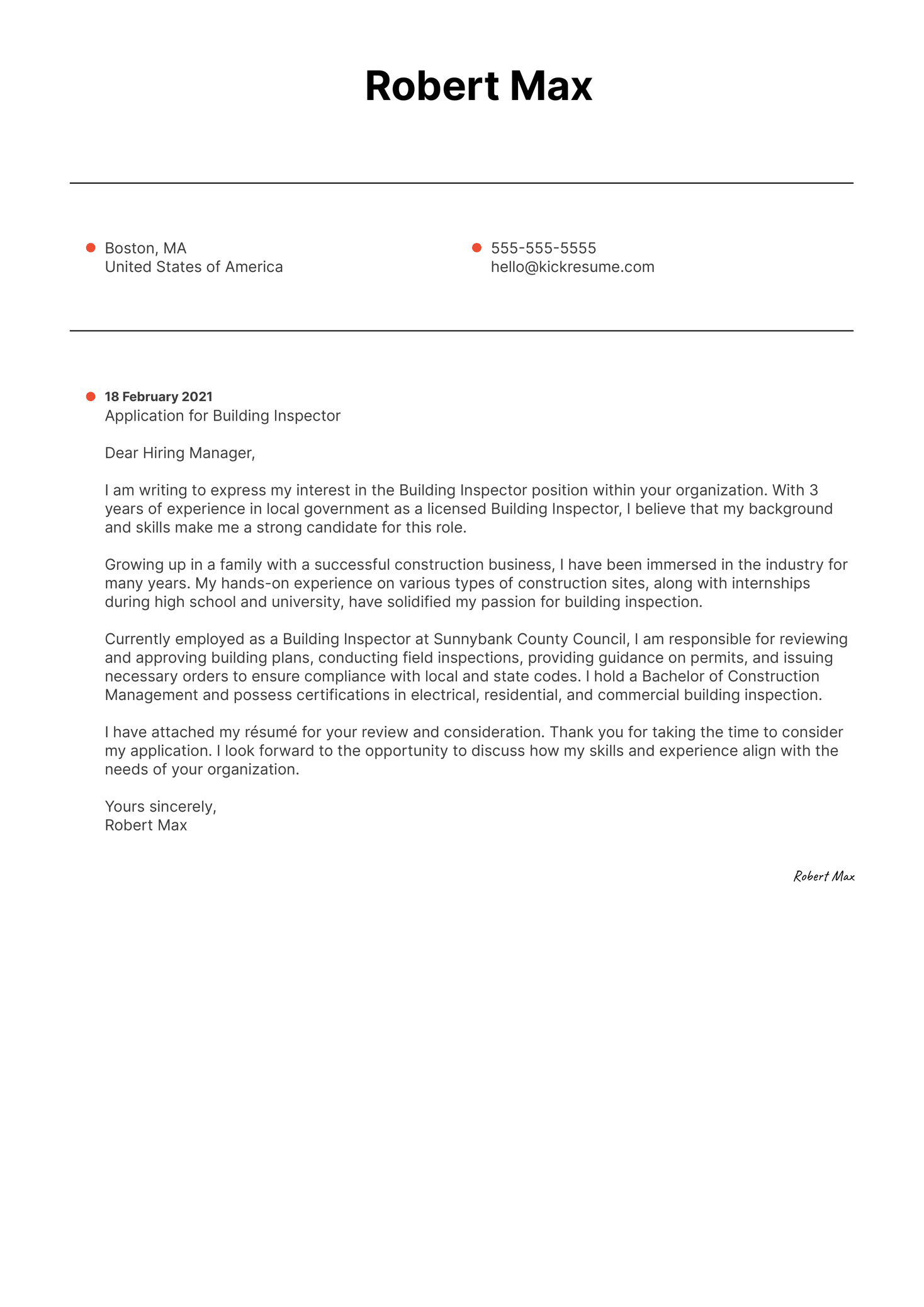 Building Inspector Cover Letter Example