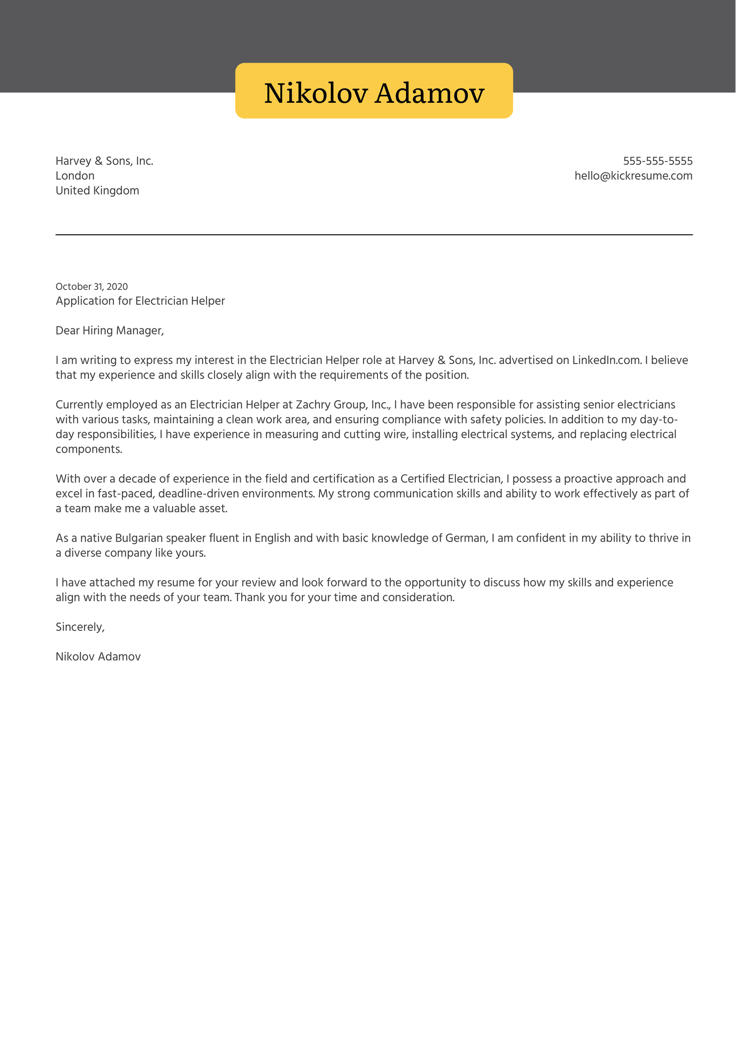 Electrician Helper Cover Letter Sample