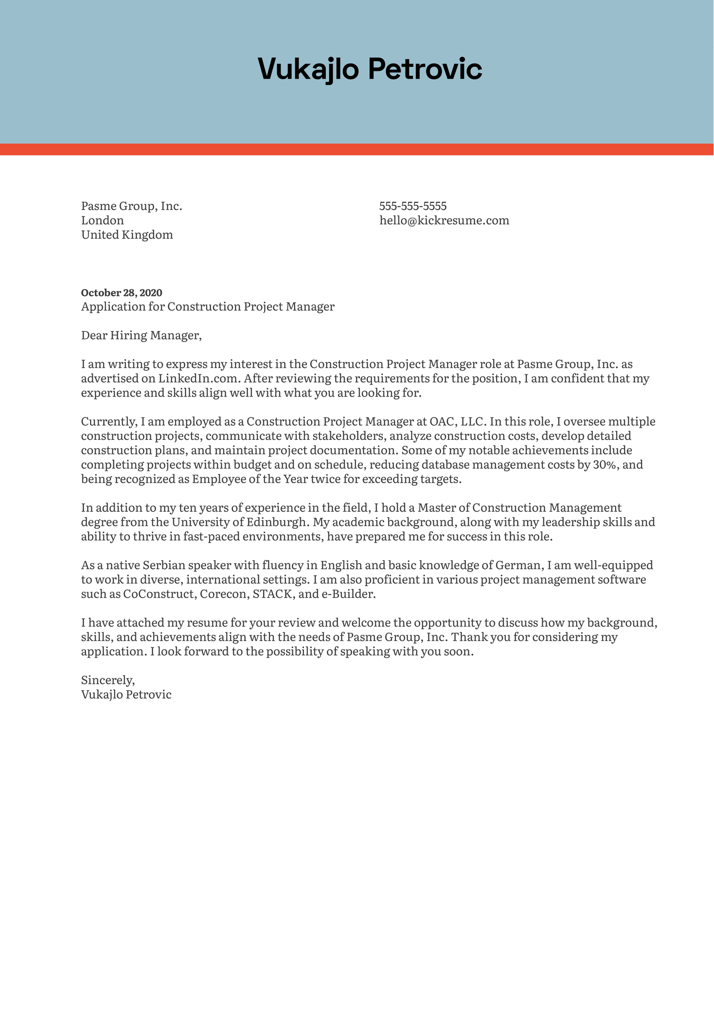 Construction Project Manager Cover Letter Sample