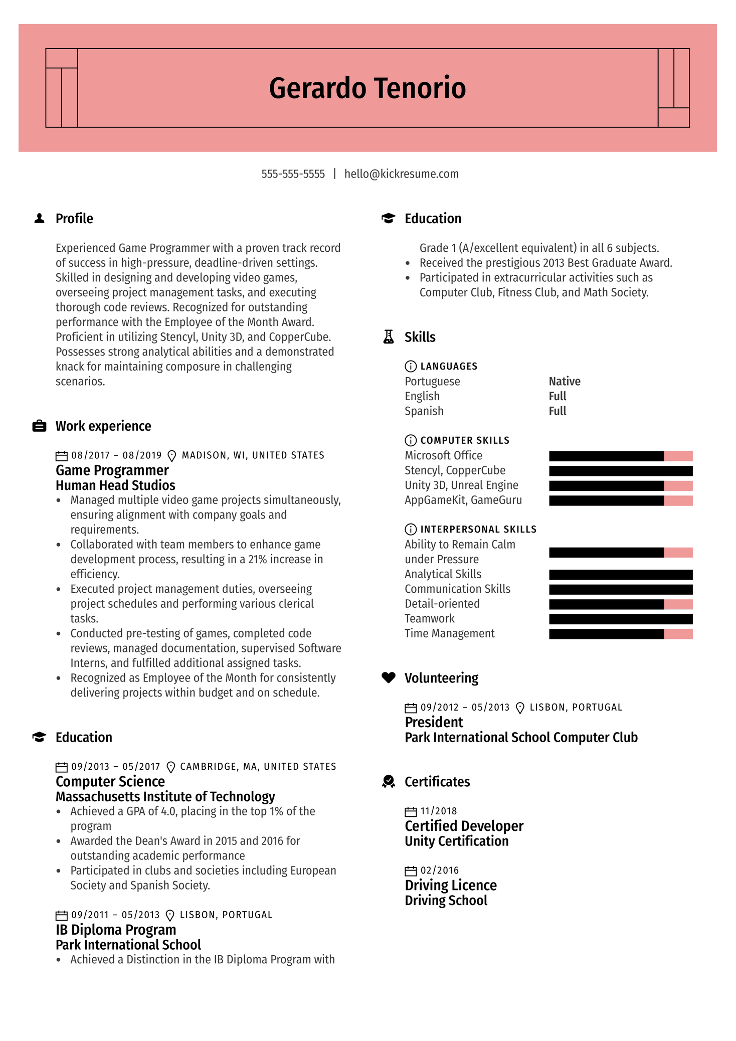 Game Programmer Resume Example