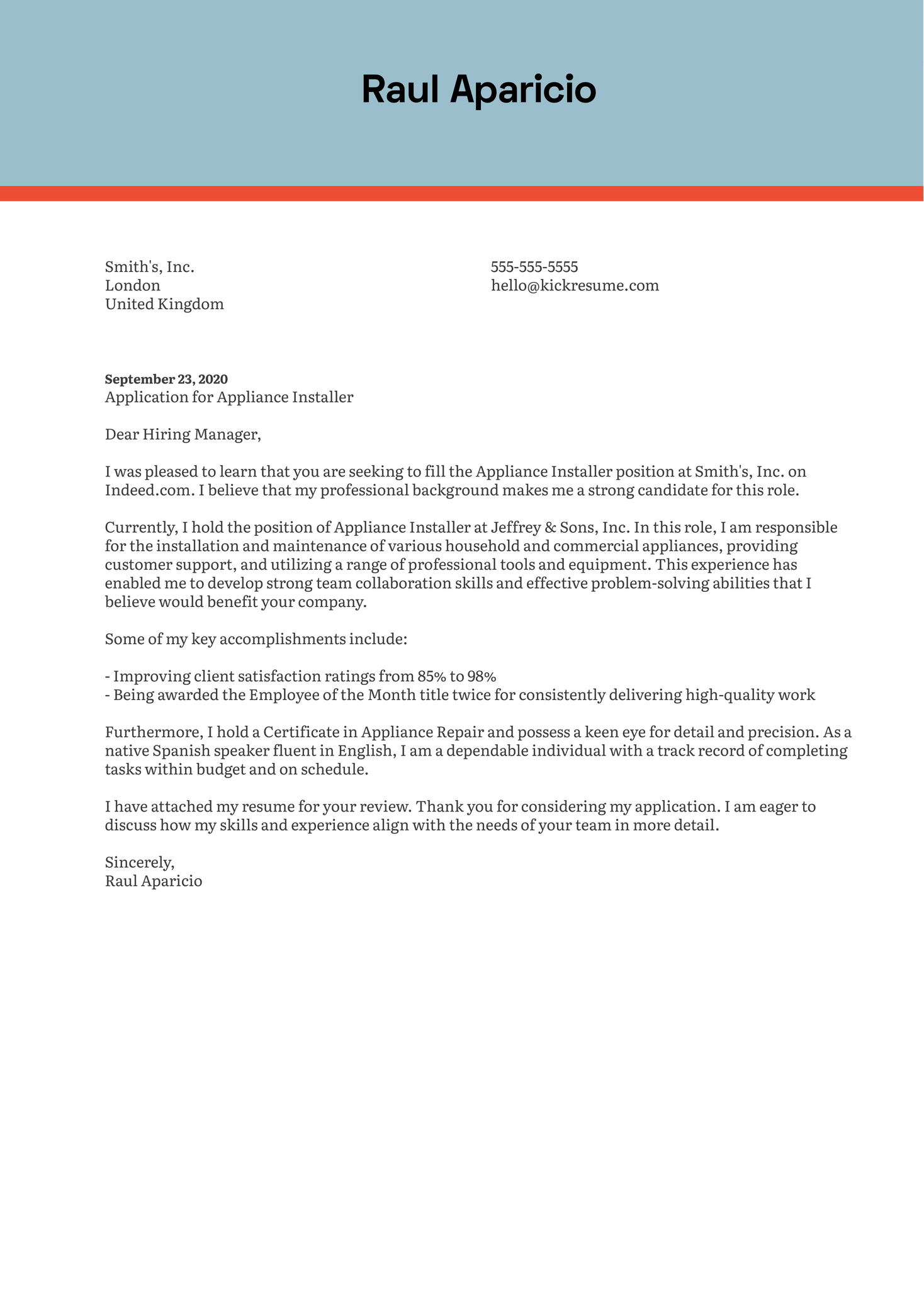 Appliance Installer Cover Letter Example