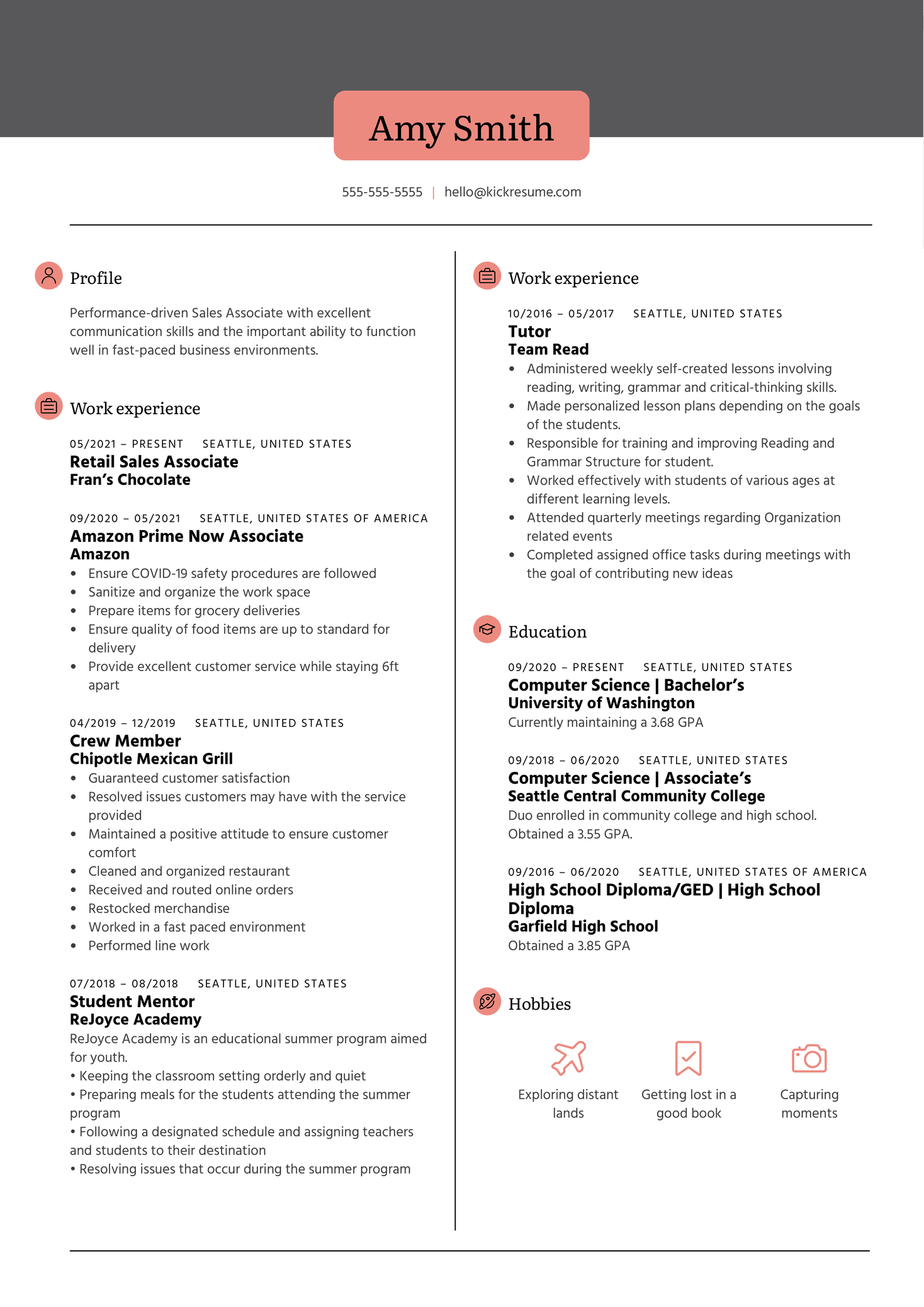 Sales Associate at Fran's Chocolates Resume Sample