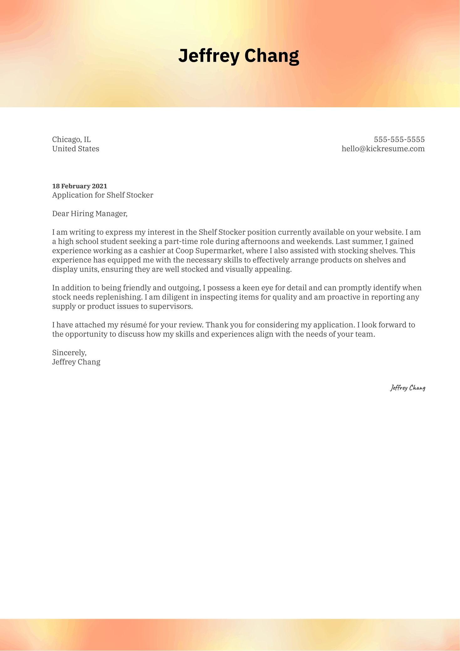 Shelf Stocker Cover Letter Sample