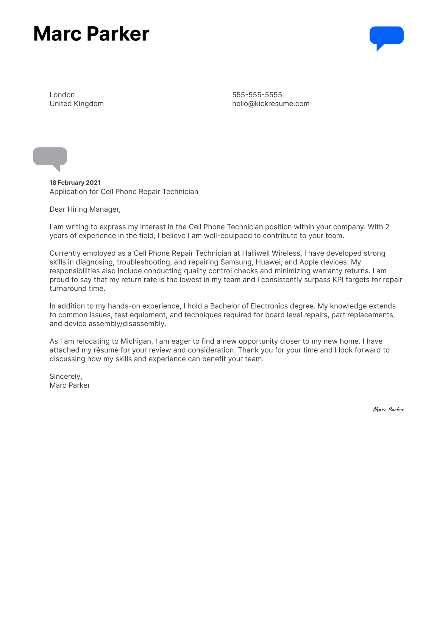 Cell Phone Repair Technician Cover Letter Sample