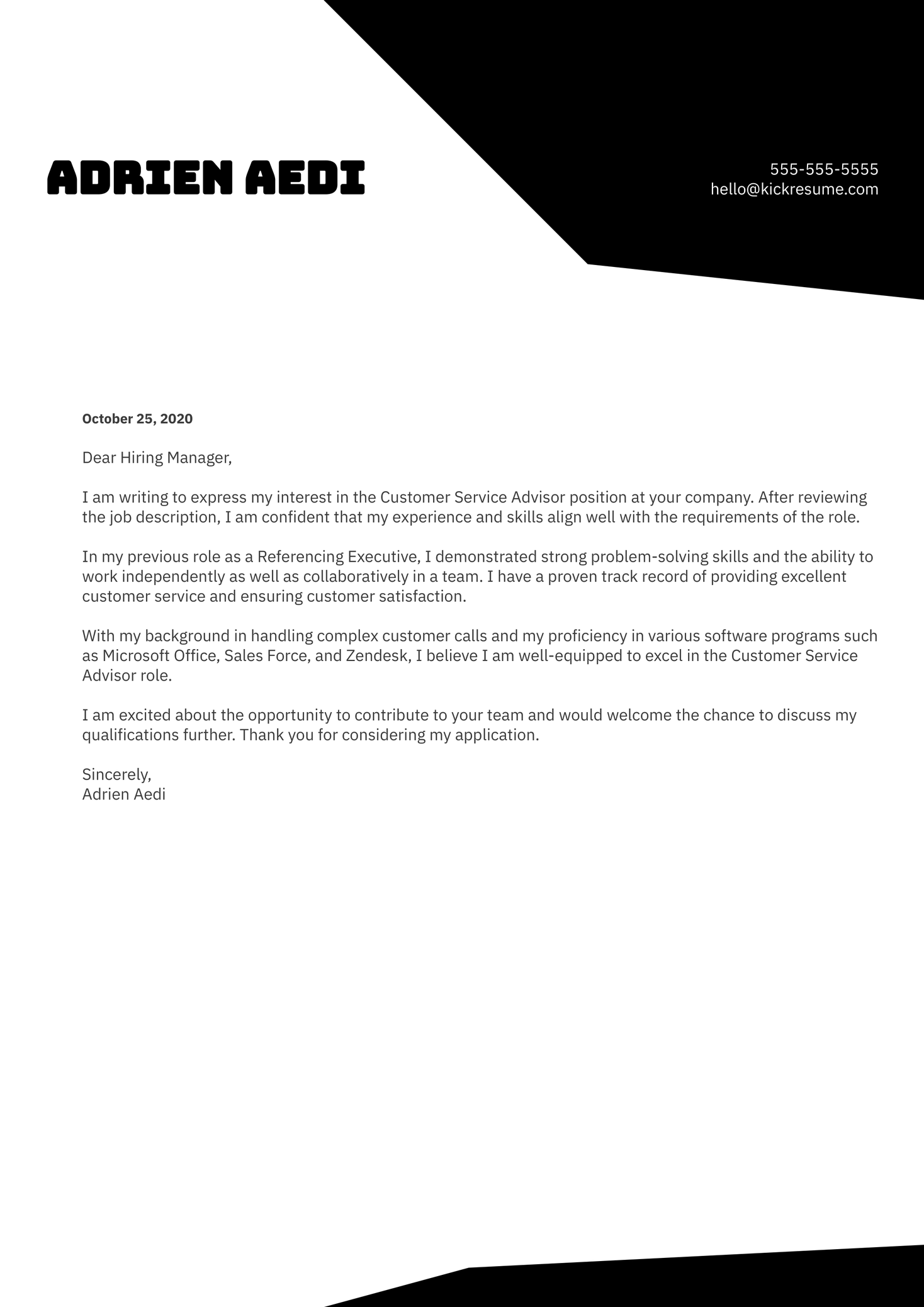 Customer Service Advisor Cover Letter Example