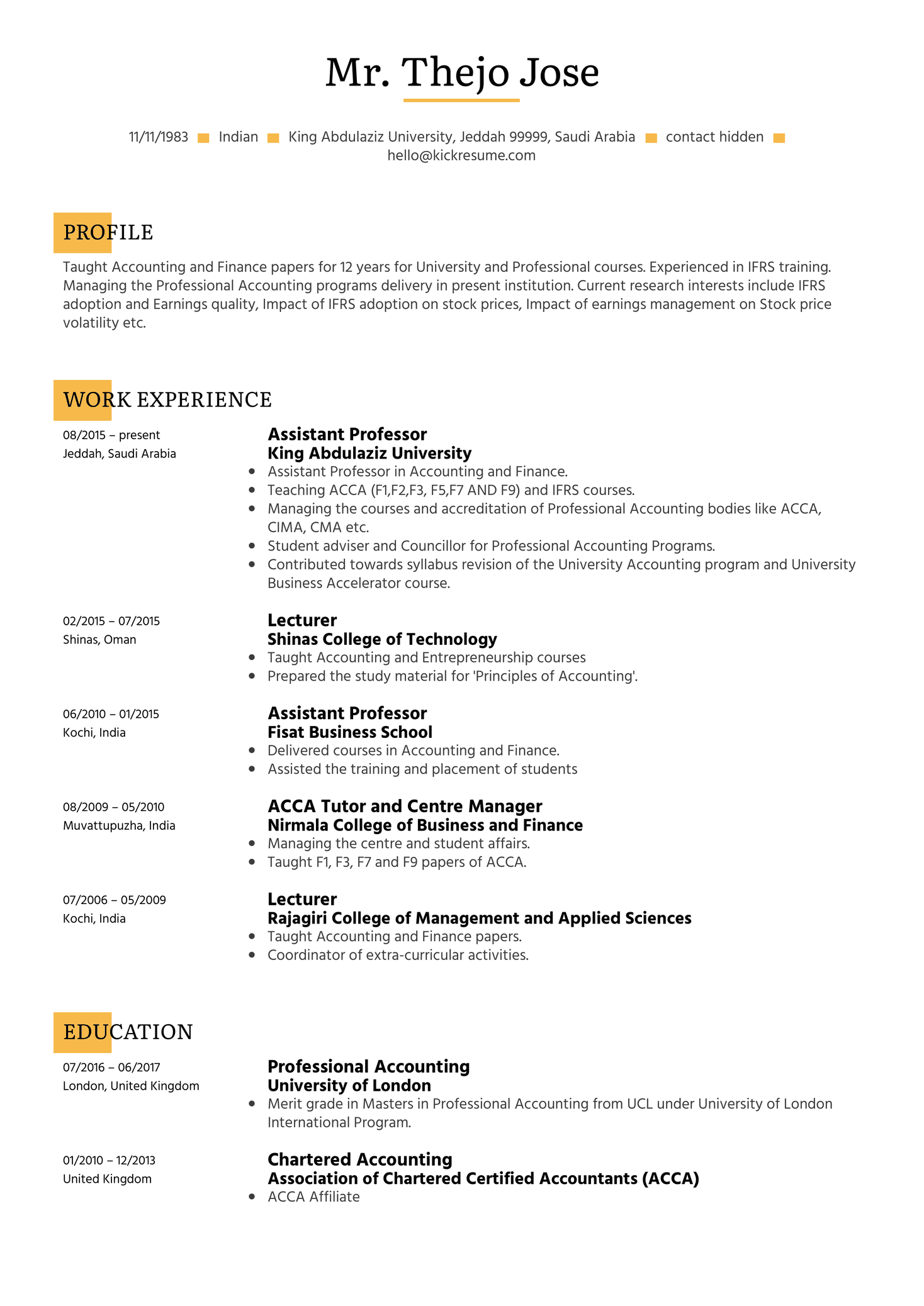 Assistant Professor Resume Sample