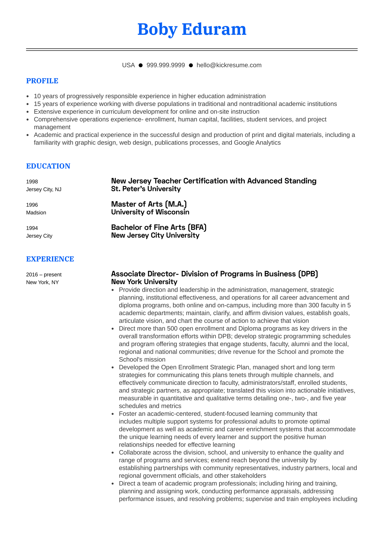 New York University Associate Director Resume Sample