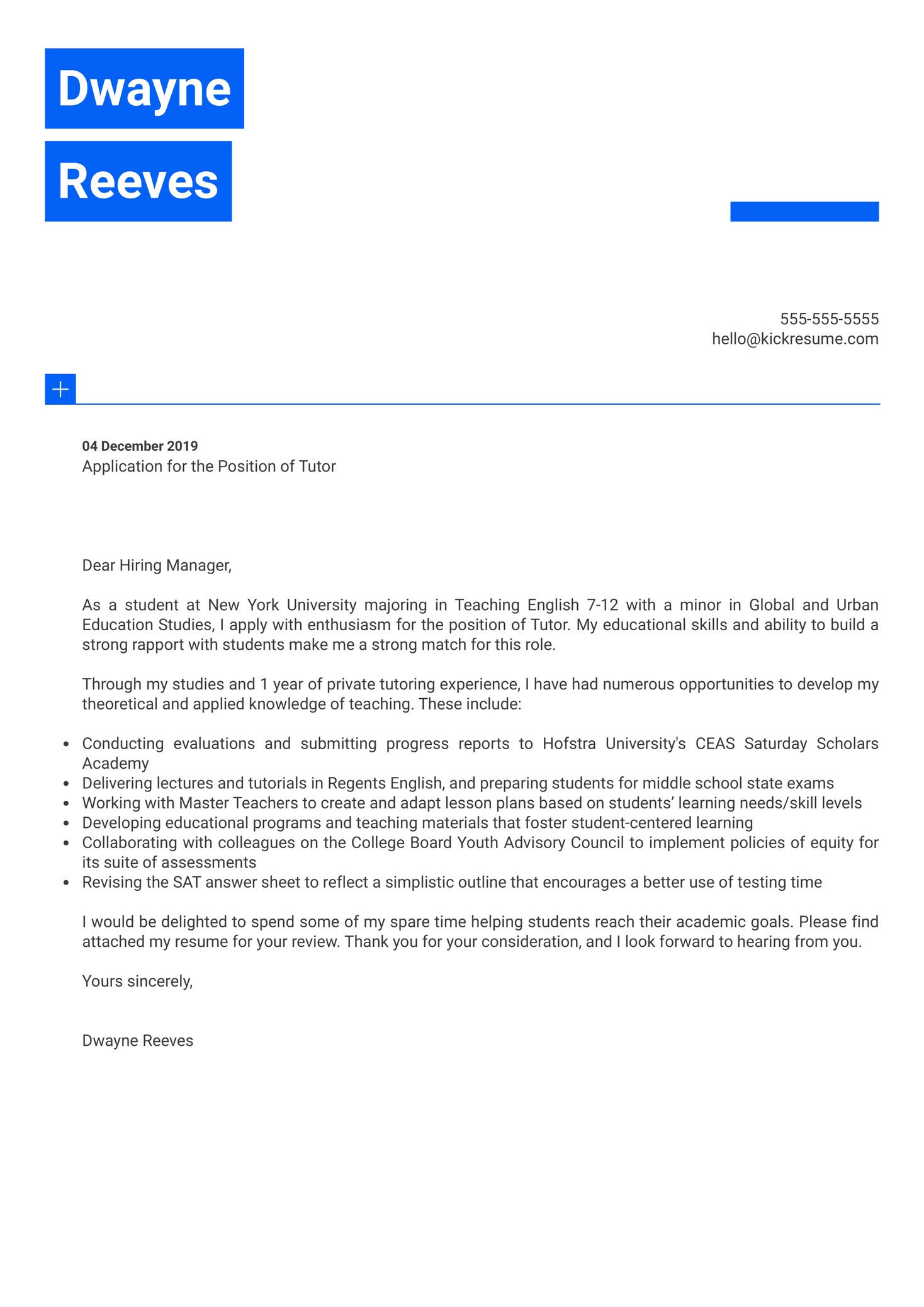 Tutor Cover Letter Sample