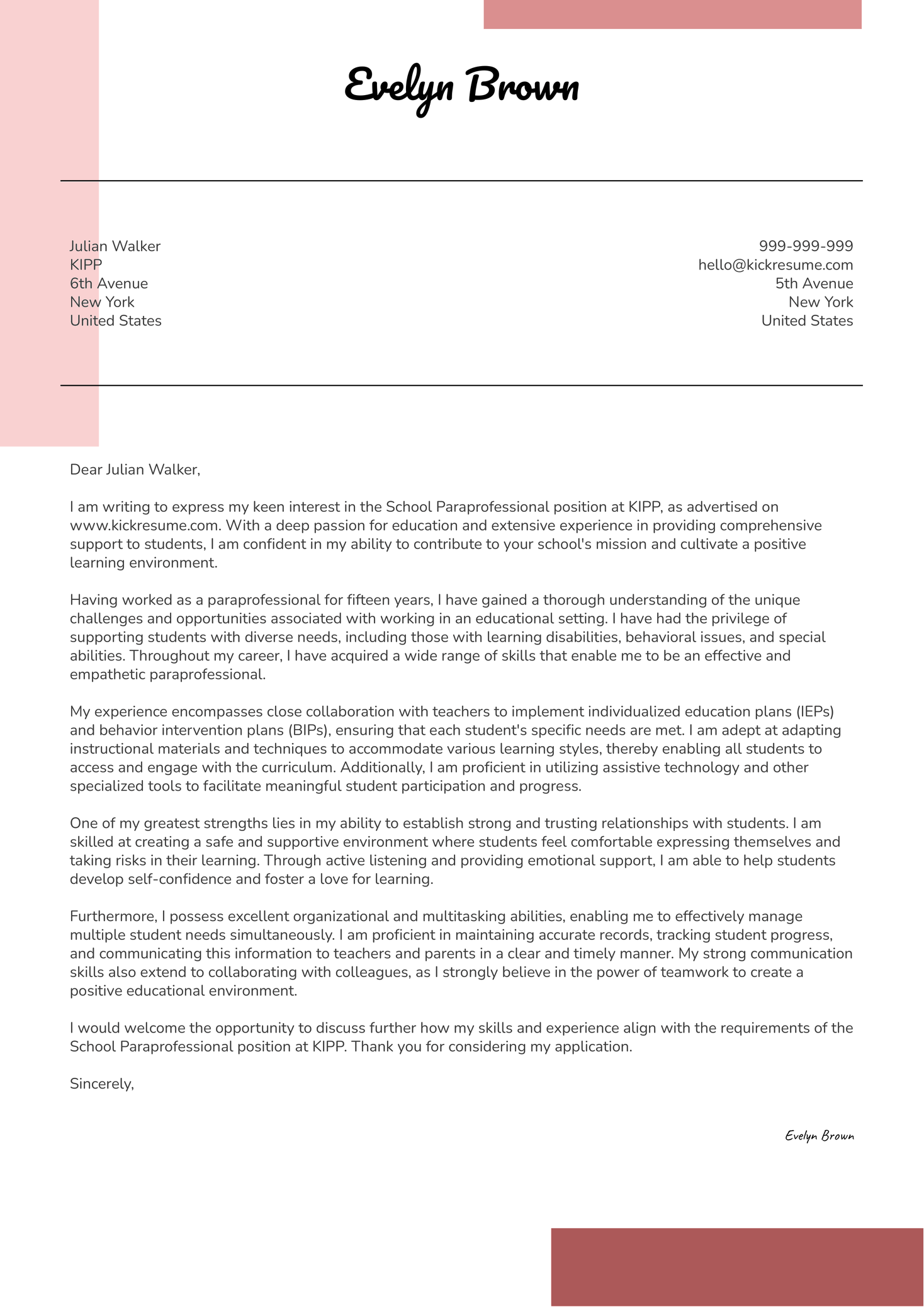 School Paraprofessional Cover Letter Sample