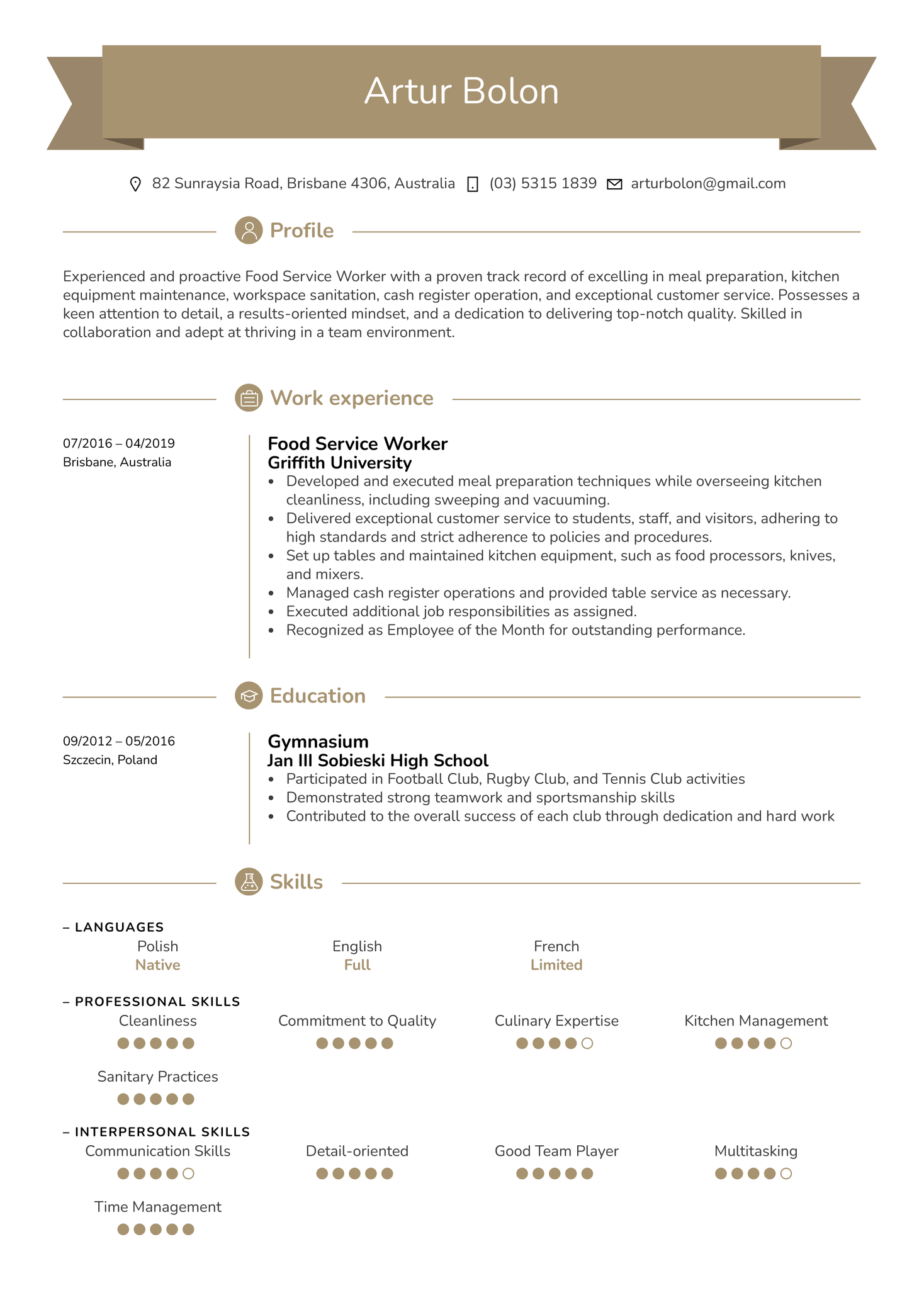 Food Service Worker Resume Sample