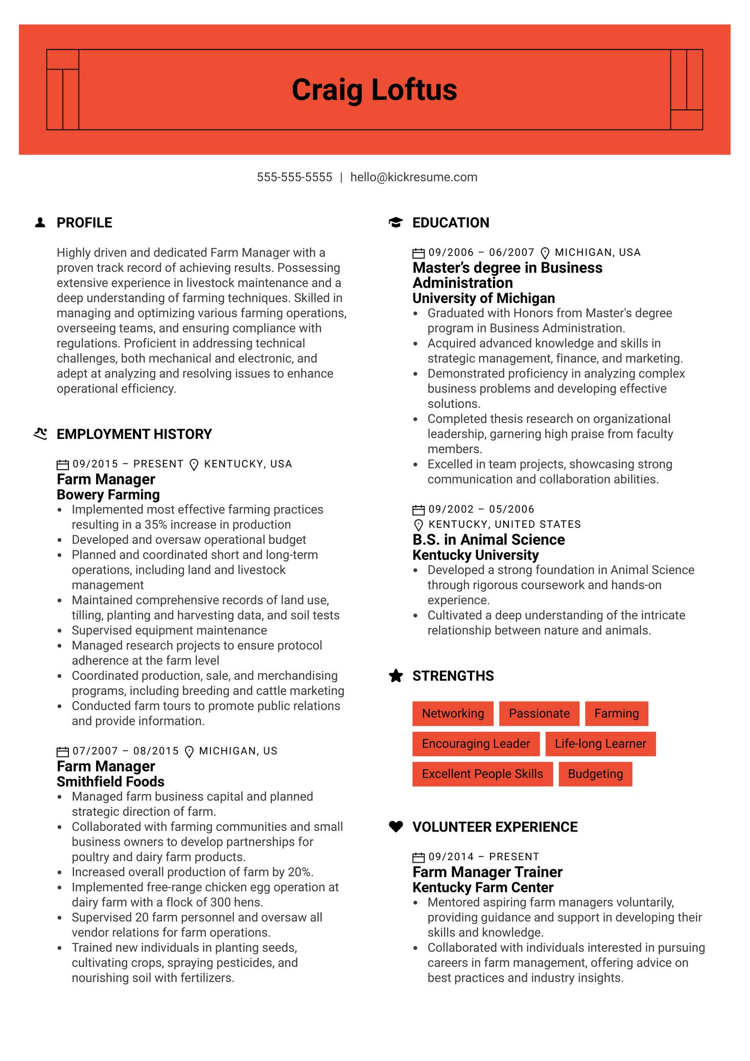 Farm Manager Resume Example