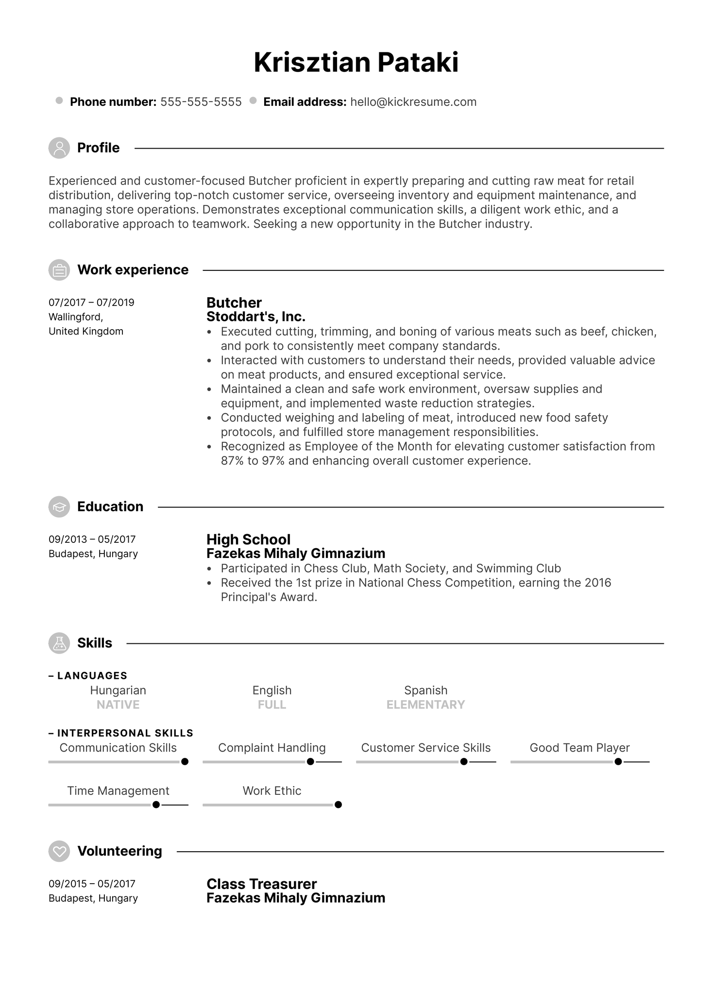 Butcher Resume Sample