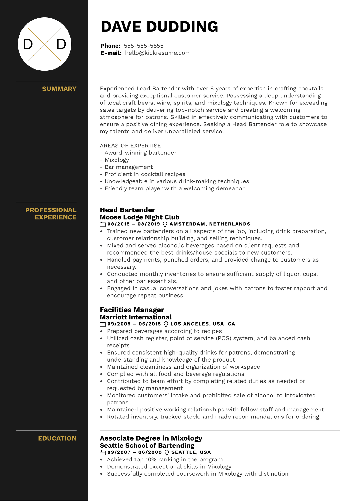 Head Bartender Resume Example