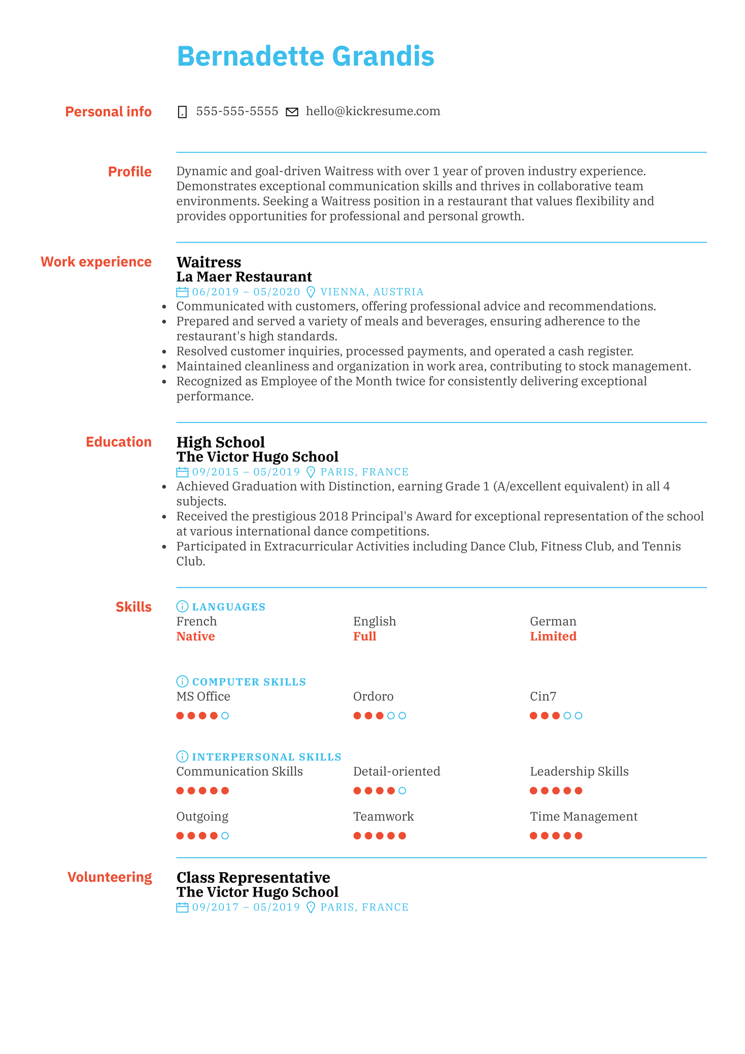 Waitress Resume Sample