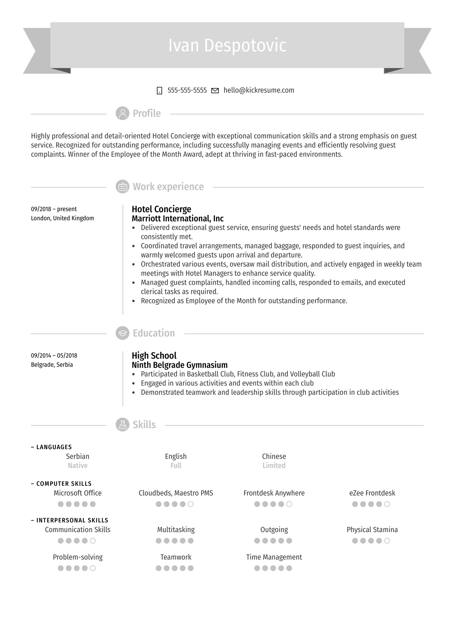 Hotel Concierge Resume Example