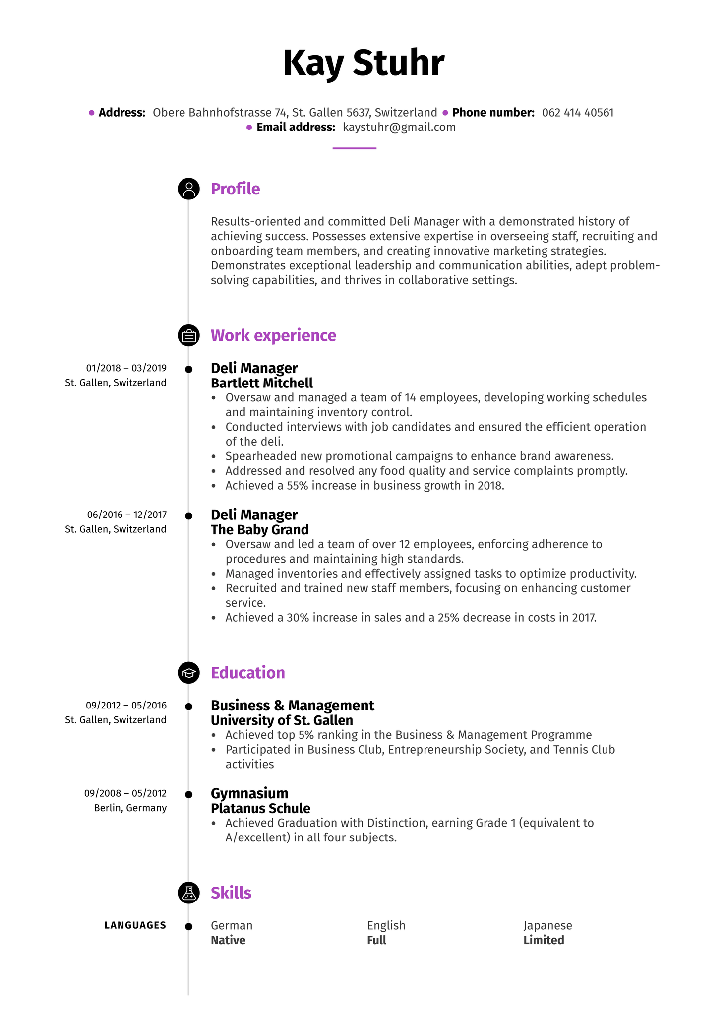 Deli Manager Resume Example