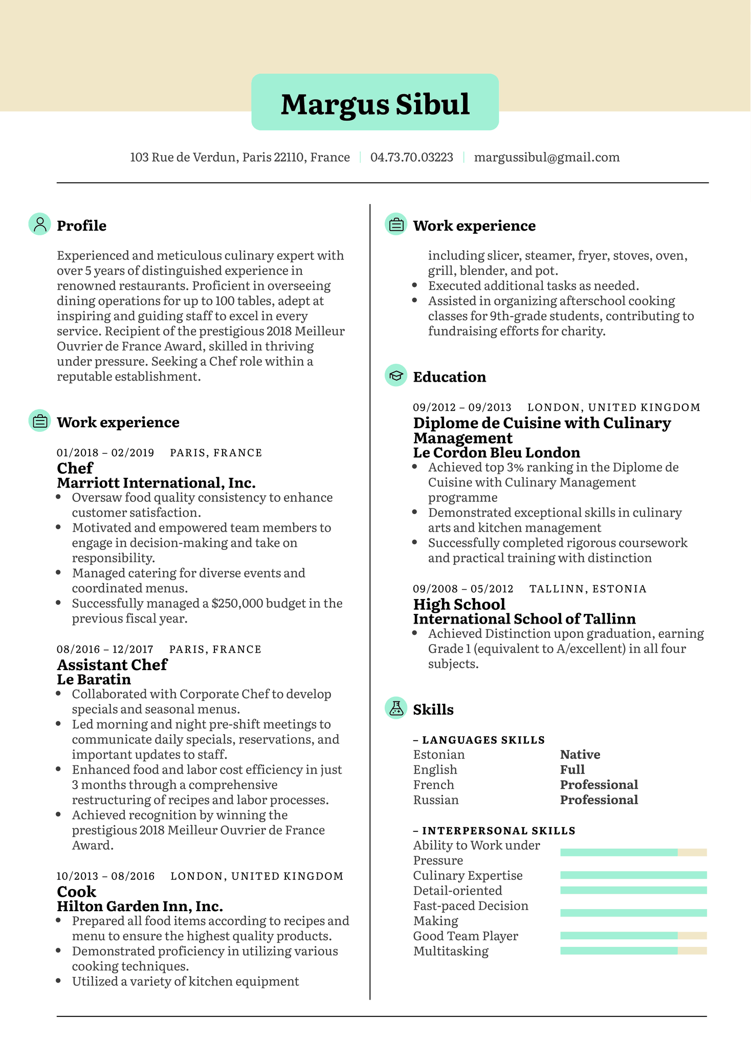 Chef Resume Example