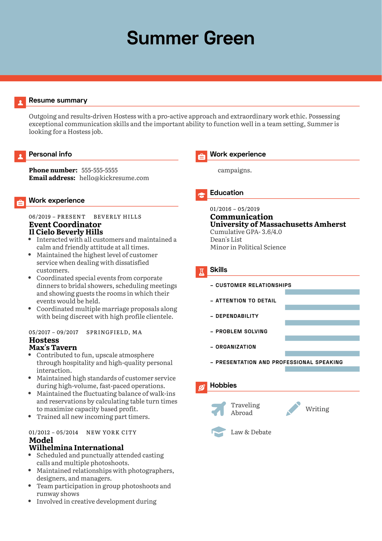 Waldorf Astoria Hostess Resume Example