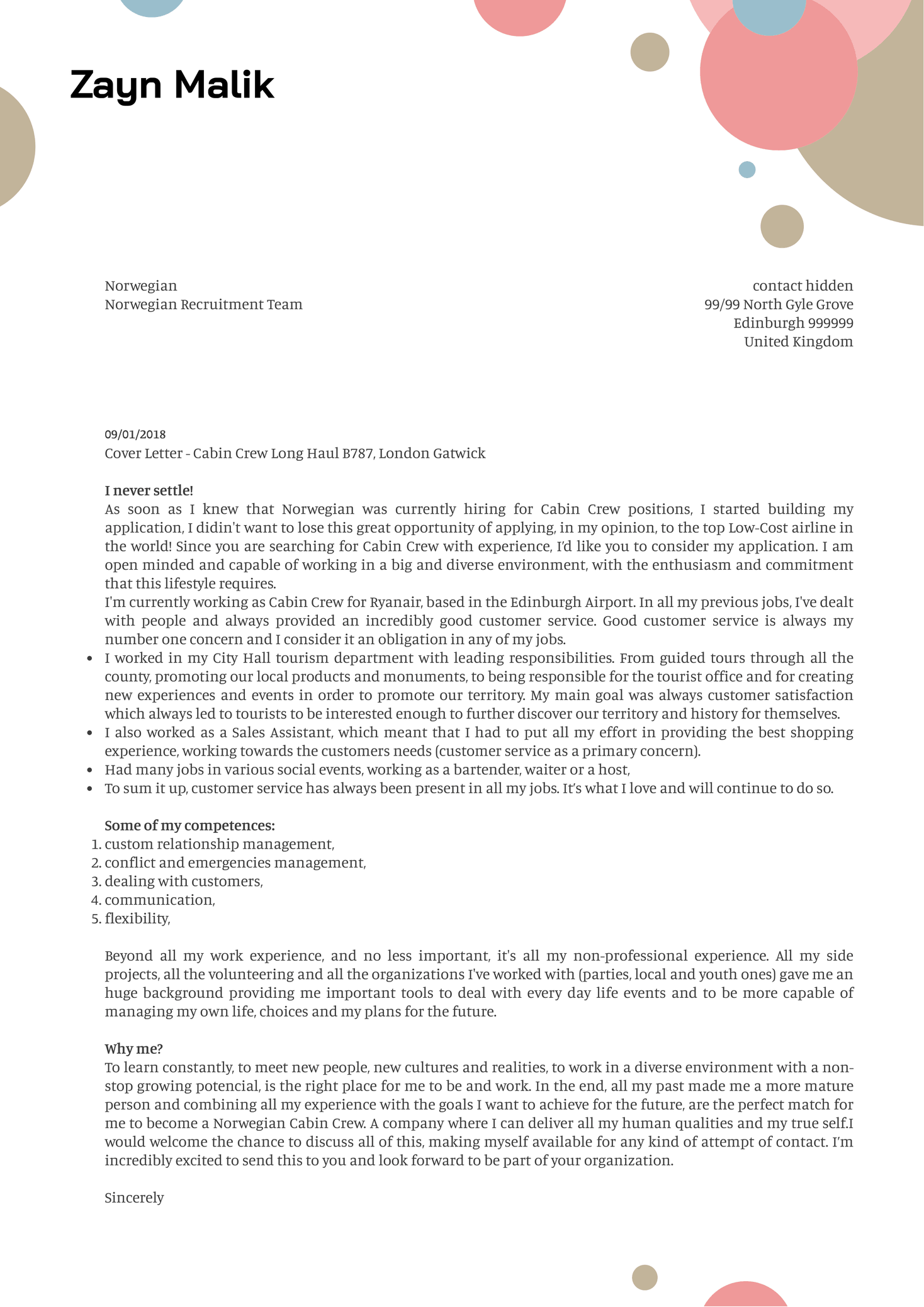 Norwegian Cabin Crew Cover Letter Sample