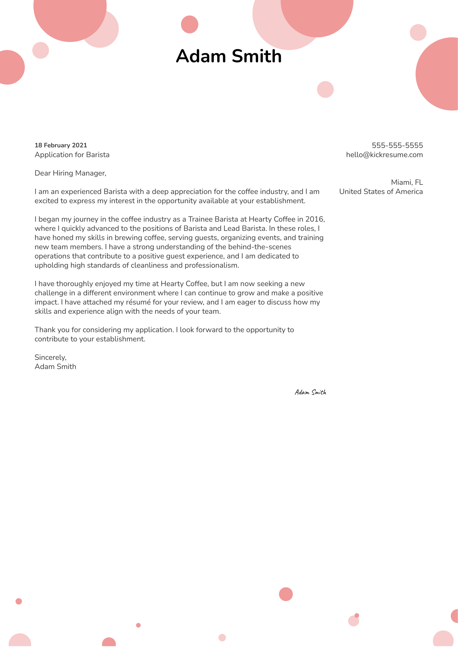 Barista Cover Letter Template