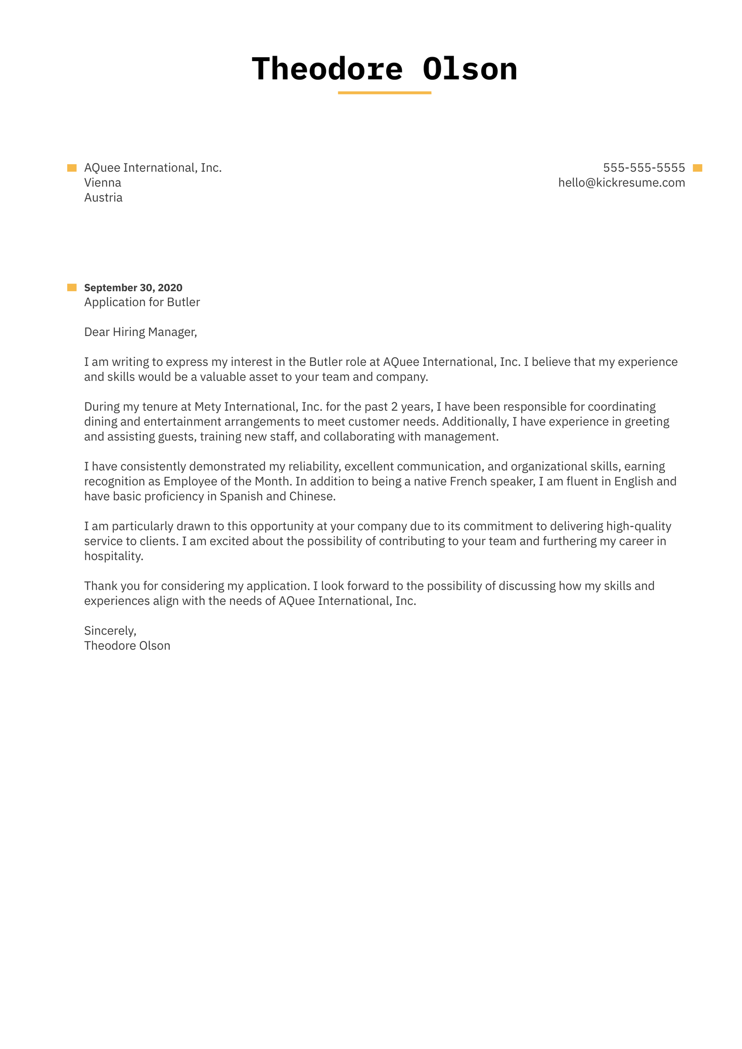 Butler Cover Letter Example