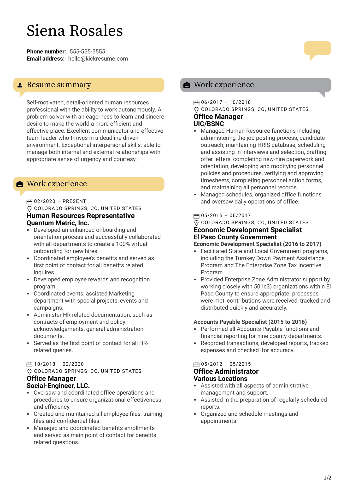 HR Representative Resume Example