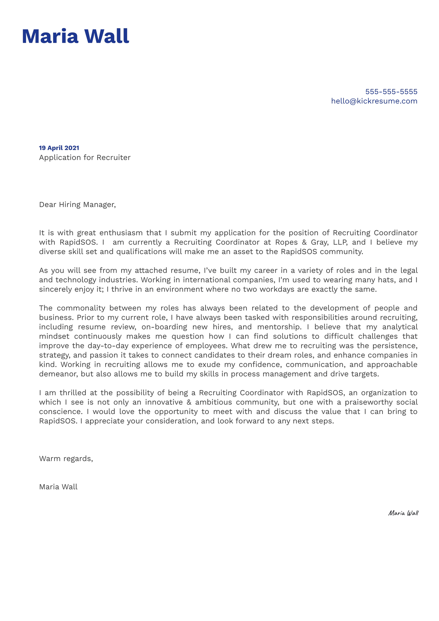 Recruiter at RapidSOS Cover Letter Example