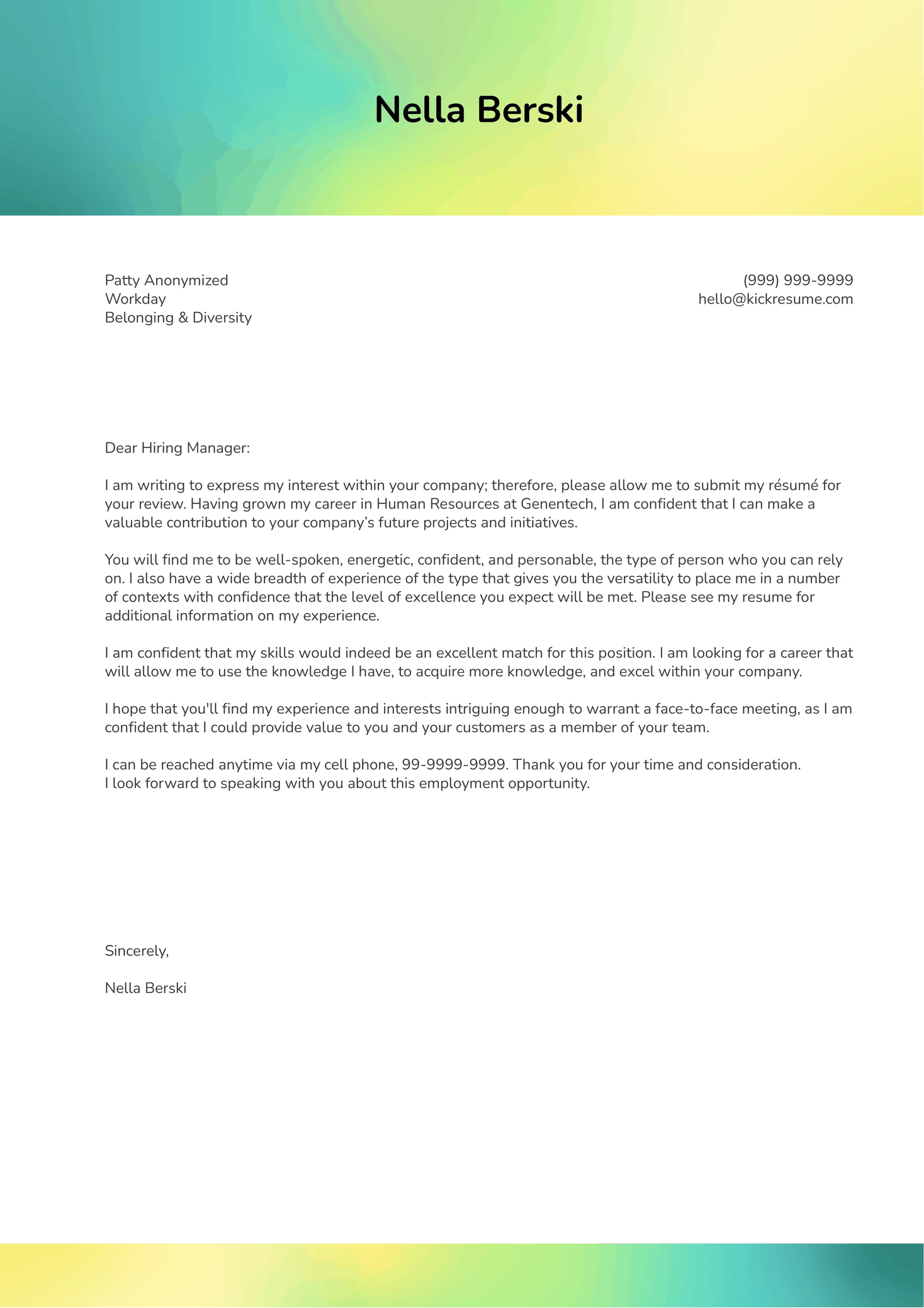 Workday Diversity Manager Cover Letter Sample