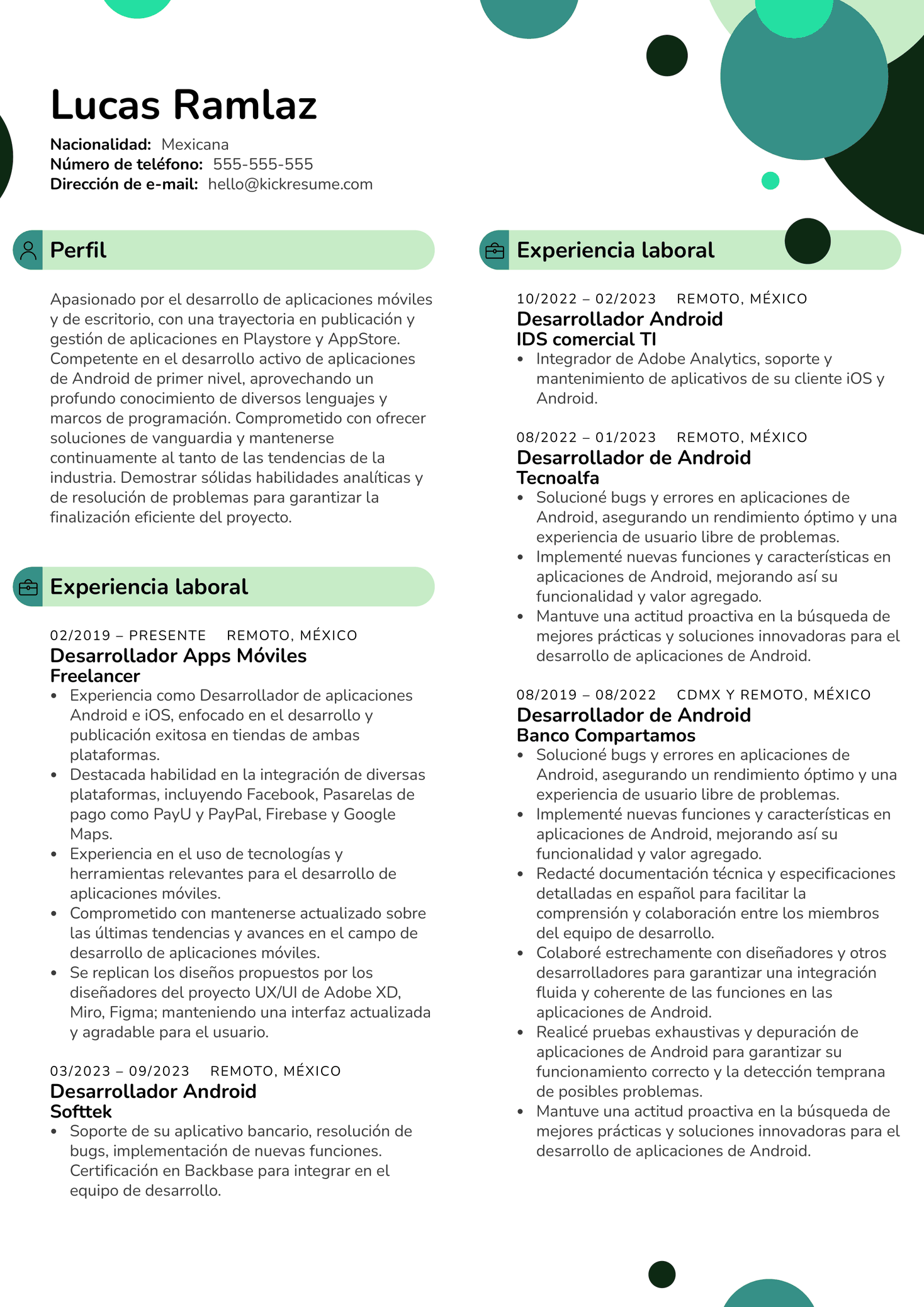 Android Developer in Atcom Resume Sample