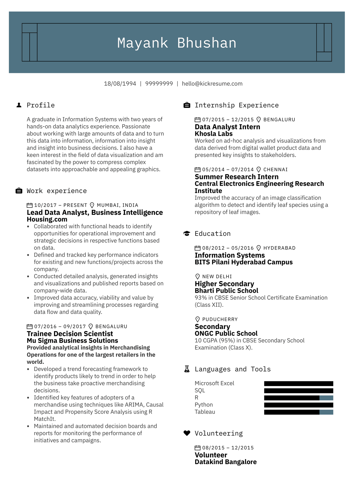 Lead Data Analyst Resume Example