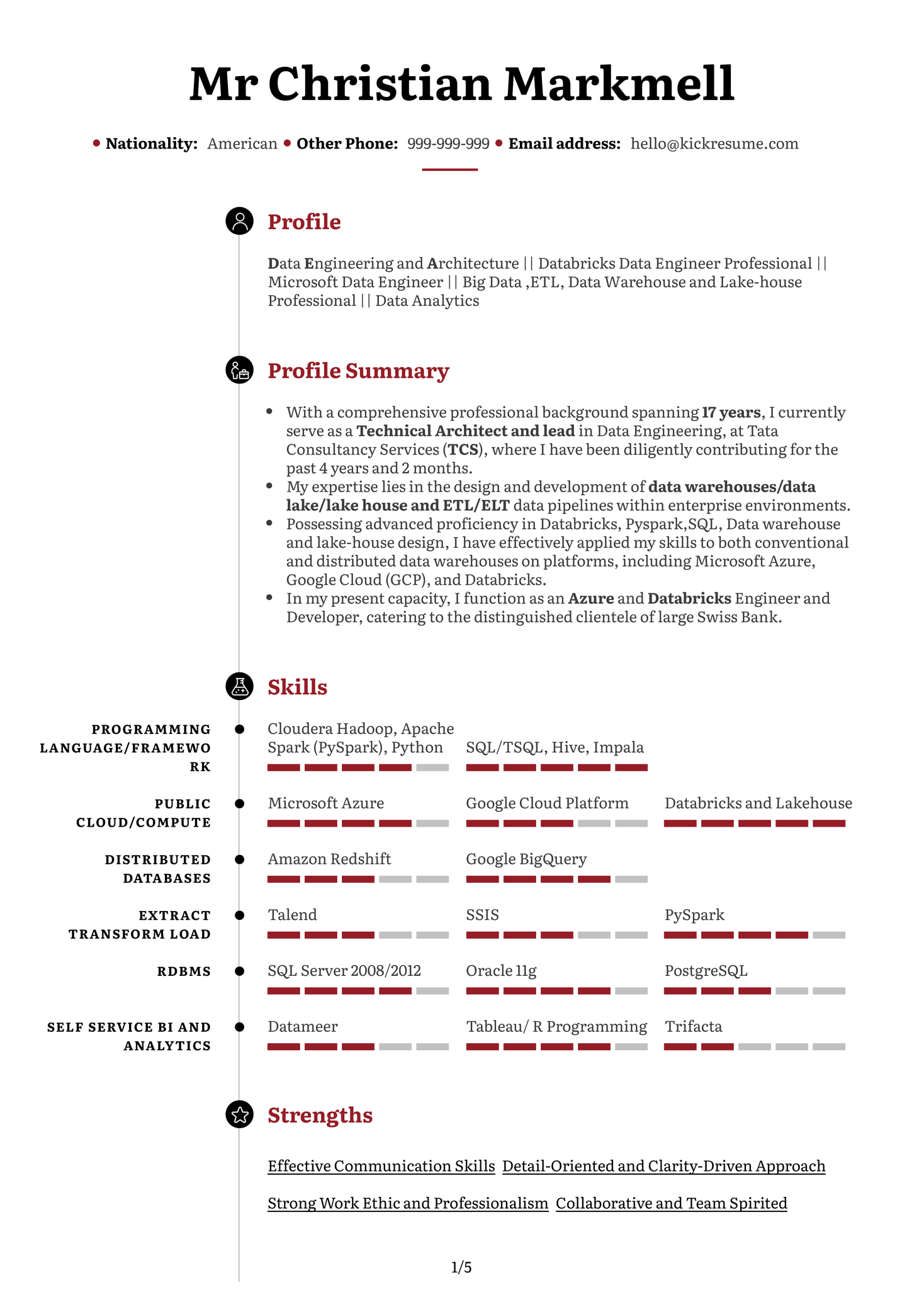 Data Architect at Citi Bank Resume Sample