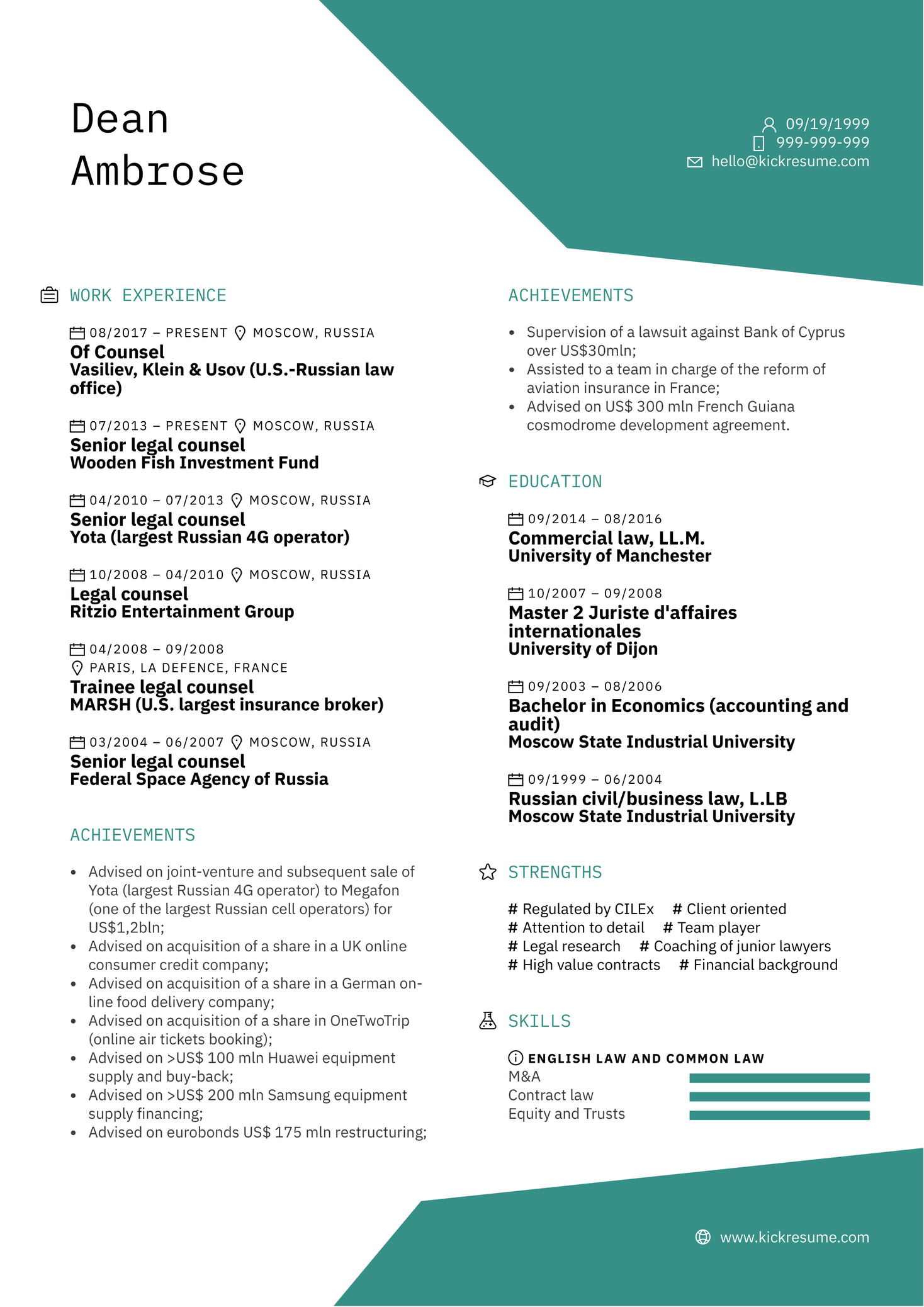 Legal Counsel Resume Sample