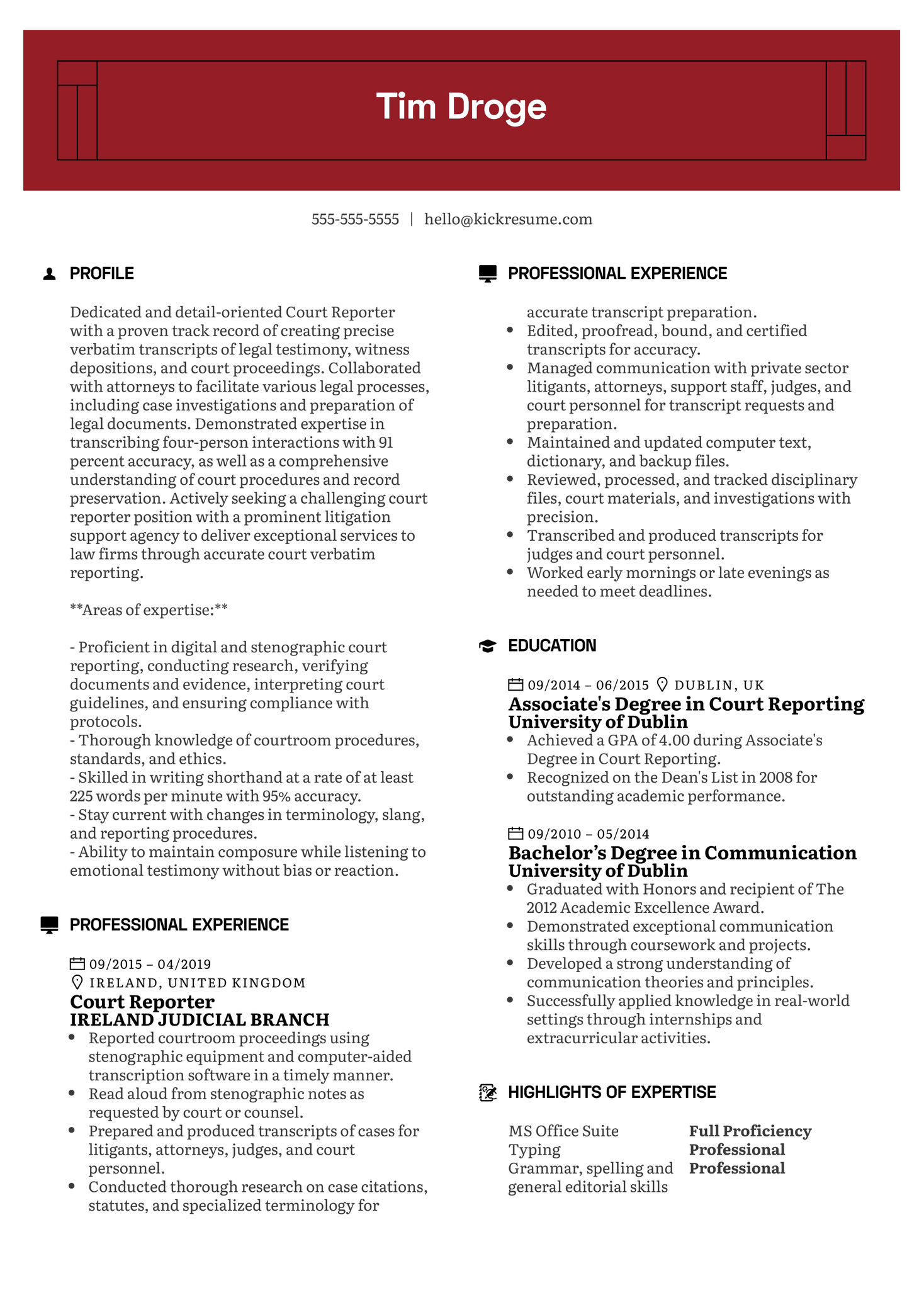 Court Reporter Resume Sample