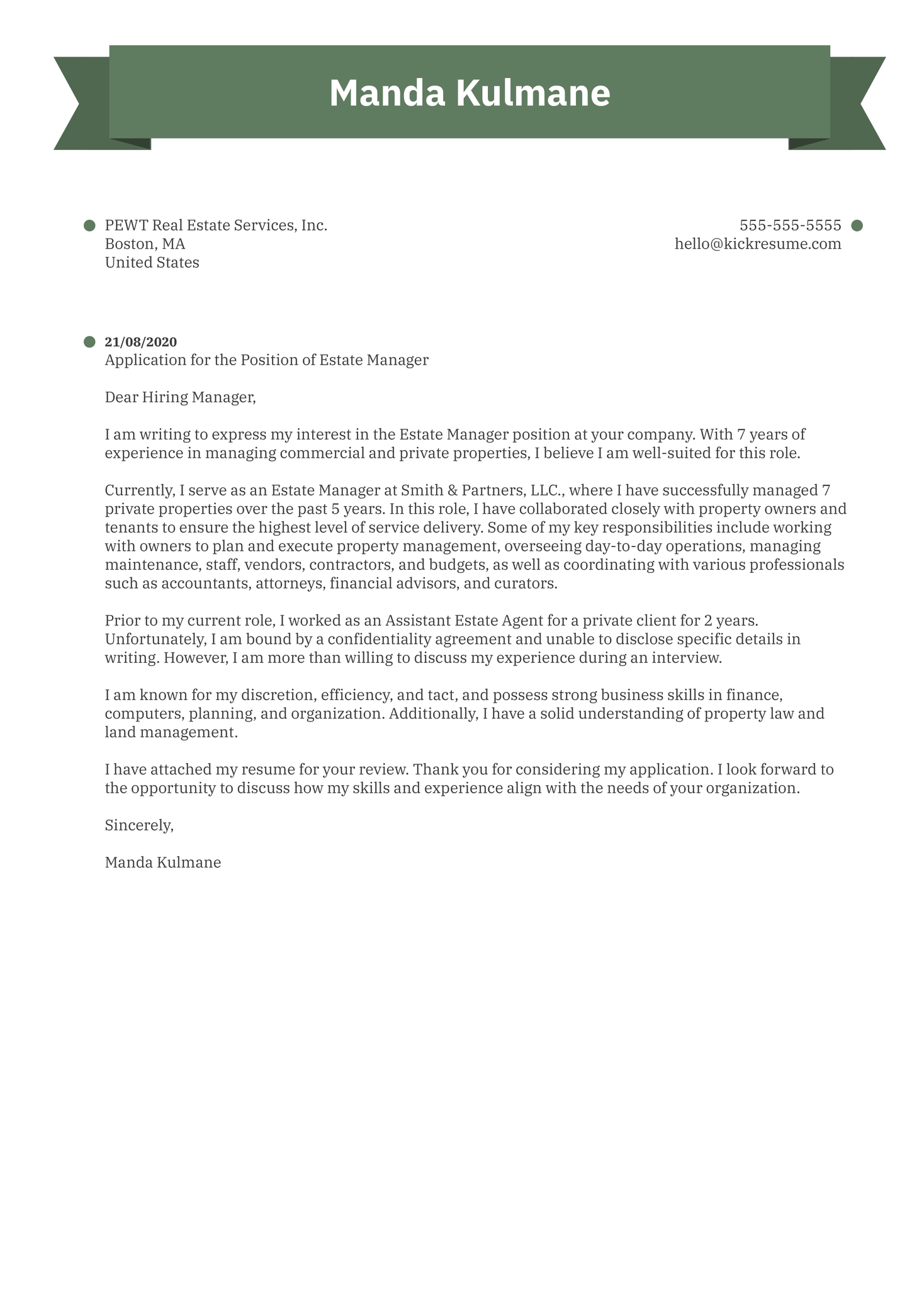 Estate Manager Cover Letter Example